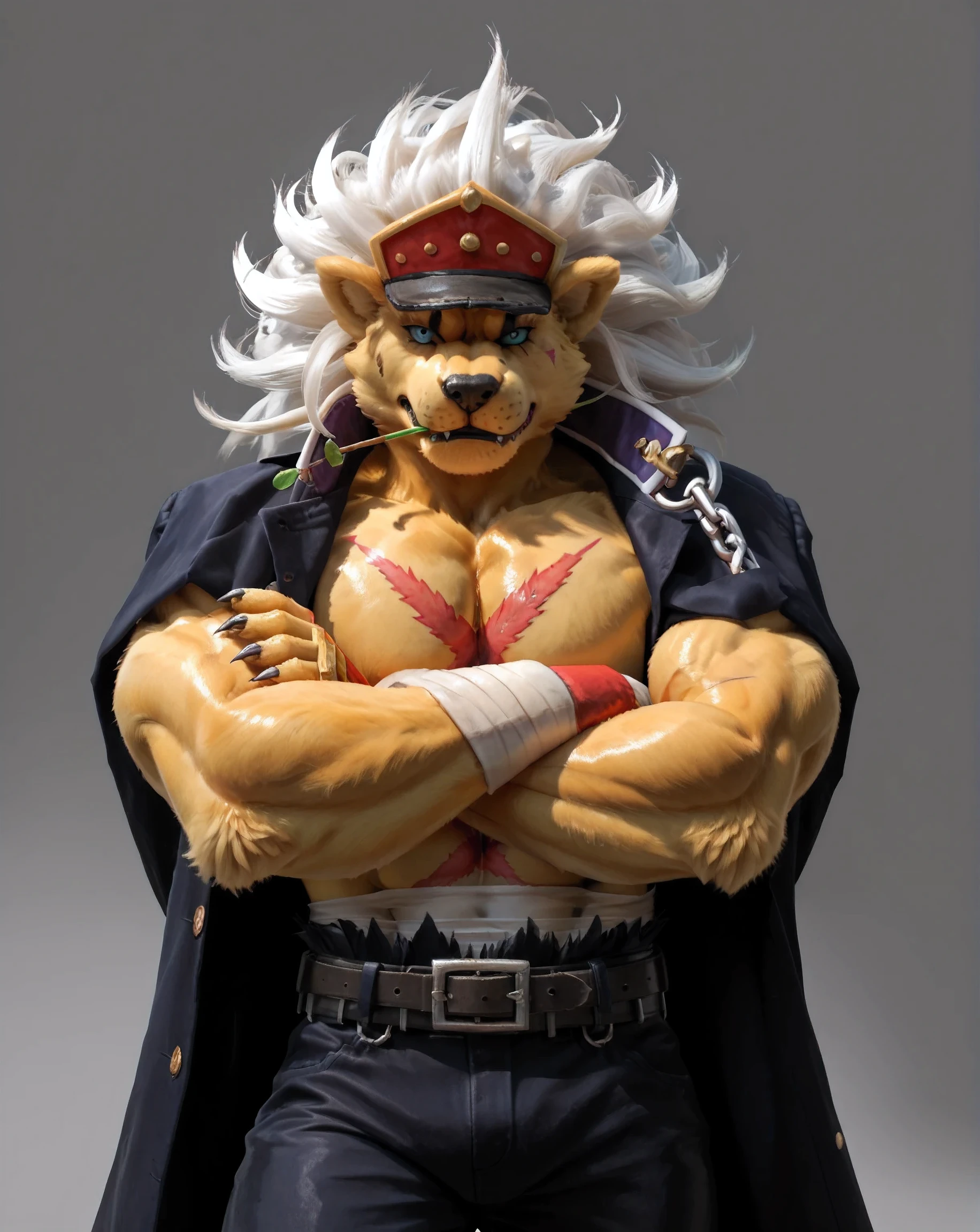 banchouleomon, large scar on chest, small stick with a leaf in mouth, simple background, detailed, half body, half view, ((very heavyweight, muscular)), fur, furry body, very muscular, stern face, big head, ((front view, facing viewer)), looking at viewer, ((glistening body, shiny fur)), ((arms crossed)), pants, belt