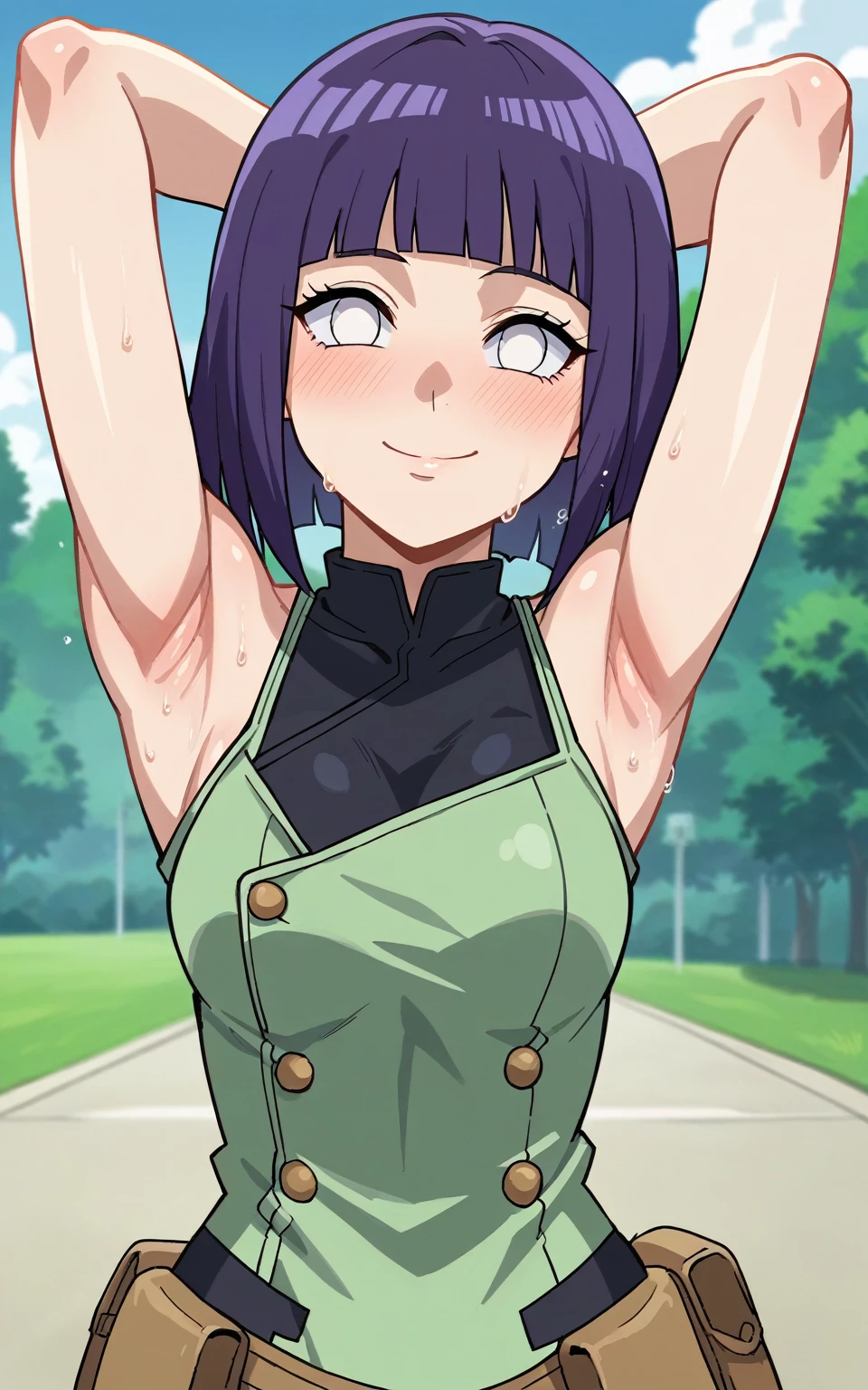 score_9, score_8_up, score_7_up, source_anime, anime screencap, 1girl, solo, ChopioHinataBoruto, purple hair, shiny hair, blunt bangs, sidelocks, no pupils, white eyes, short hair, straight hair, outfit_2, green vest, black shirt, pouch, sleeveless, arms behind head, armpits, looking at viewer, head towards viewer, smile, closed mouth, badhandv4, outdoors, day, sweaty, bare shoulders, bare arms, blush, medium breasts, 