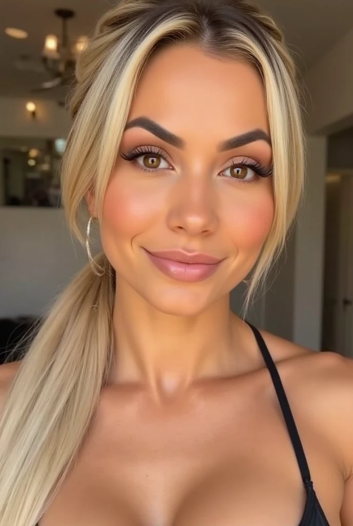 A hyper-realistic close-up portrait of a South American Brazilian woman with long blonde hair styled in a braid, taken in a professional photography studio. The focus is entirely on her face, highlighting her natural beauty and fitness-inspired features. The lighting is expertly arranged, with soft and diffused lights creating balanced contrasts and gentle shadows to define her sharp jawline, cheekbones, and expressive eyes. The background is a neutral studio backdrop, slightly blurred and seamlessly blending into the composition to keep all attention on her. Her skin glows with a natural radiance, and her makeup is minimal and polished, enhancing her features while maintaining a lifelike and professional appearance. The overall vibe is confident, elegant, and perfect for a social media profile picture, with a strong emphasis on light edits to enhance realism and studio-quality details.