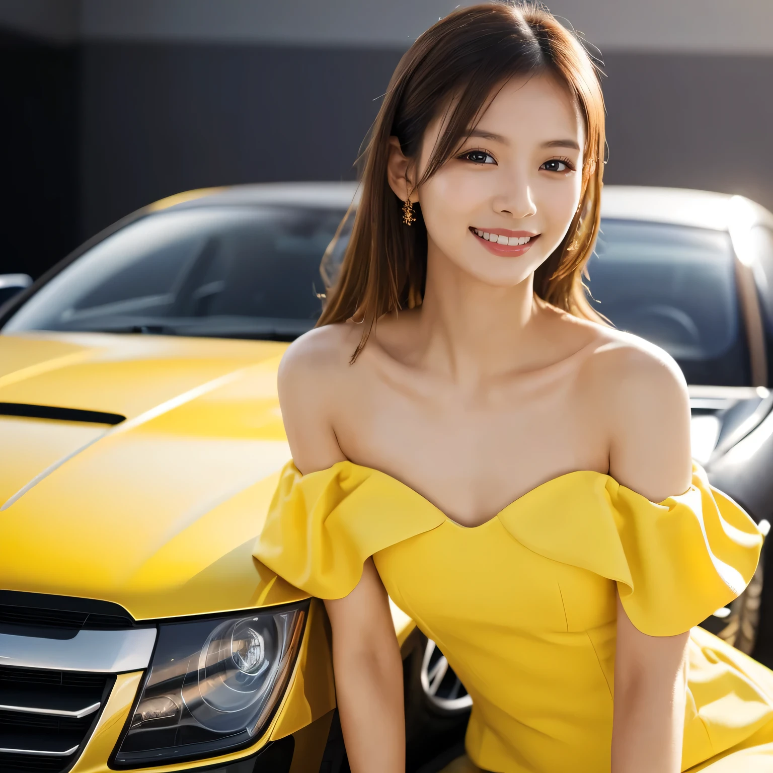 ((Top Quality)), ((8K)), ((Masterpiece: 1.3)), (Perfect Appearance), (Photorealism: 1.6), (woman standing:1.4), (Car dealership showroom:1.6), 

Japanese woman, (37 years old), ((Realistic skin texture)), (Fine wrinkles throughout the skin: 1.3), (Dull skin: 1.1), (Skin without moisture: 1.2) , (Wrinkles on the face: 0.9), (Wrinkles on the corners of the eyes: 1.2), Double eyelids, tear bags on the lower eyelids, (Crying moles: 0.9), The eyes are looking here, smiling with lips slightly open, (Dimples: 1.2), (The bangs are swept to one side), long hair, ponytail, (Wearing a skirt suit over a blouse), White round neck blouse made of silk, cream-colored skirt suit, wearing a scarf around the neck , (glamorous body ), ((whole body)),