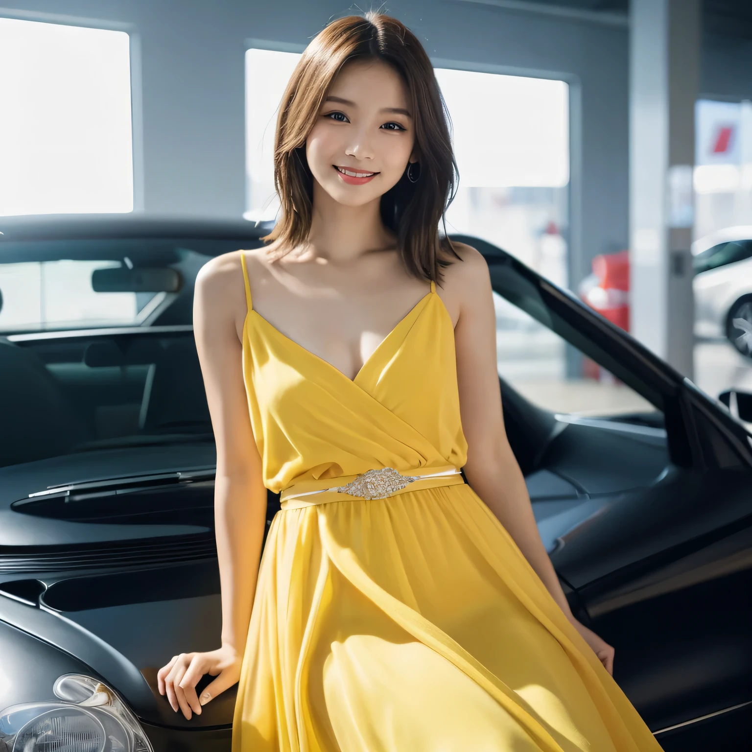 1 girl, (Wear a bright yellow dress:1.2), Very beautiful Japanese idol portraits, 
(RAW Photos, highest quality), (Realistic, Realistic:1.4), (masterpiece), 
Very delicate and beautiful, Very detailed, 2k wallpaper, wonderful, finely, Very detailed CG Unity 8K wallpaper, Very detailed, High resolution, Soft Light, 
Beautiful detailed girl, Very detailed目と顔, Beautiful and sophisticated nose, Beautiful and beautiful eyes, Cinema Lighting, 
(Fashion magazine photography:1.3), (indoor), (motor Show:1.3), Accurate depiction of the car,
(Medium Hair), (whole body), (Sit on the hood of a car:1.2), (Sitting cross-legged:1.2),
Complete Anatomy, Slender body, Small breasts, smile, Happy, (teeth)