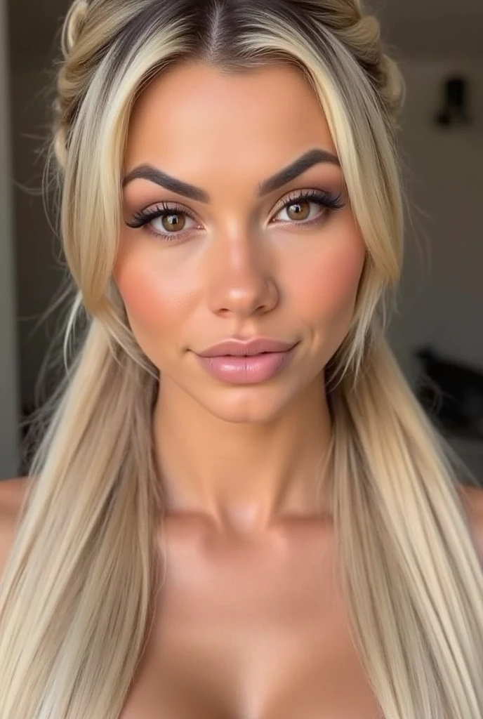 A hyper-realistic close-up portrait of a South American Brazilian woman with long blonde hair styled in a braid, taken in a professional photography studio. The focus is entirely on her face, highlighting her natural beauty and fitness-inspired features. The lighting is expertly arranged, with soft and diffused lights creating balanced contrasts and gentle shadows to define her sharp jawline, cheekbones, and expressive eyes. The background is a neutral studio backdrop, slightly blurred and seamlessly blending into the composition to keep all attention on her. Her skin glows with a natural radiance, and her makeup is minimal and polished, enhancing her features while maintaining a lifelike and professional appearance. The overall vibe is confident, elegant, and perfect for a social media profile picture, with a strong emphasis on light edits to enhance realism and studio-quality details.