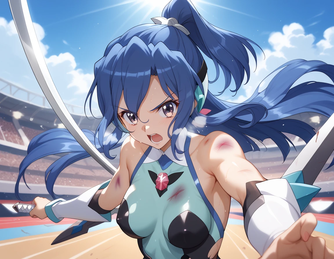 Anime Asuna (Sword Art online) als Bodybuilder in wettkampfbikini, nimmt eine Bodybuilding Pose ein, Ripped abs, Ripped legs, Full pose, Ripped vascular biceps, her muscular body shines in the spotlight, steht auf ein Podest, competition stage in the background