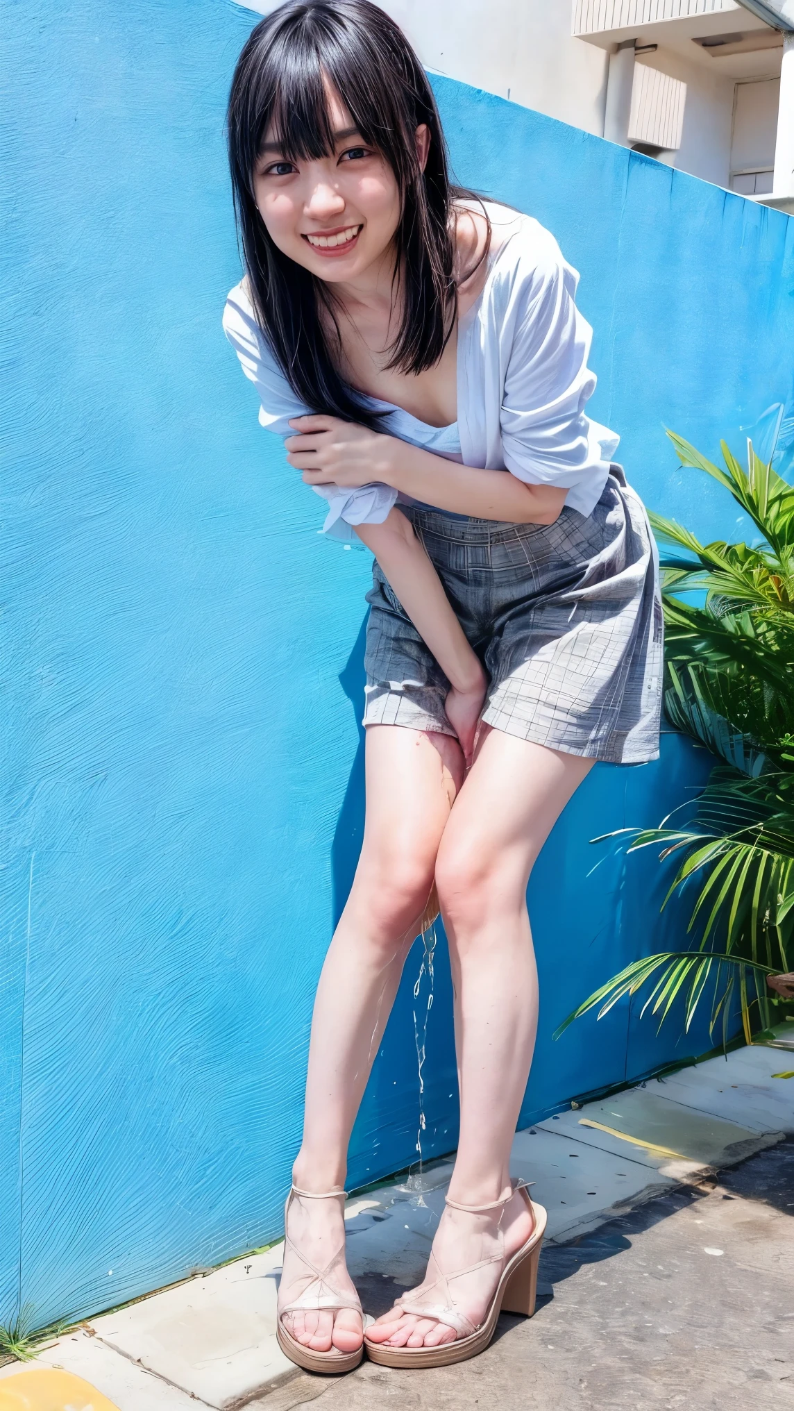 (realistic, photo-realistic:1.37), (masterpiece, best quality:1.2), RAW photo, high resolution, intricate details, full body, solo, a 22 years old Japanese woman, cheerful grin, straight long black hair with blunt bangs, (blouse,skirt, heel sandals), (flat chest), (standing leaning forward with spread legs apart, crossed arms:1.5), (detailed face, beautiful detailed eyes, beautiful pupils, sophisticated nose), fine-textured skin, pale skin, shiny skin, (peeing self, urination:1.4), pee puddle, photo background, outdoors, sidewalk outside shop,,