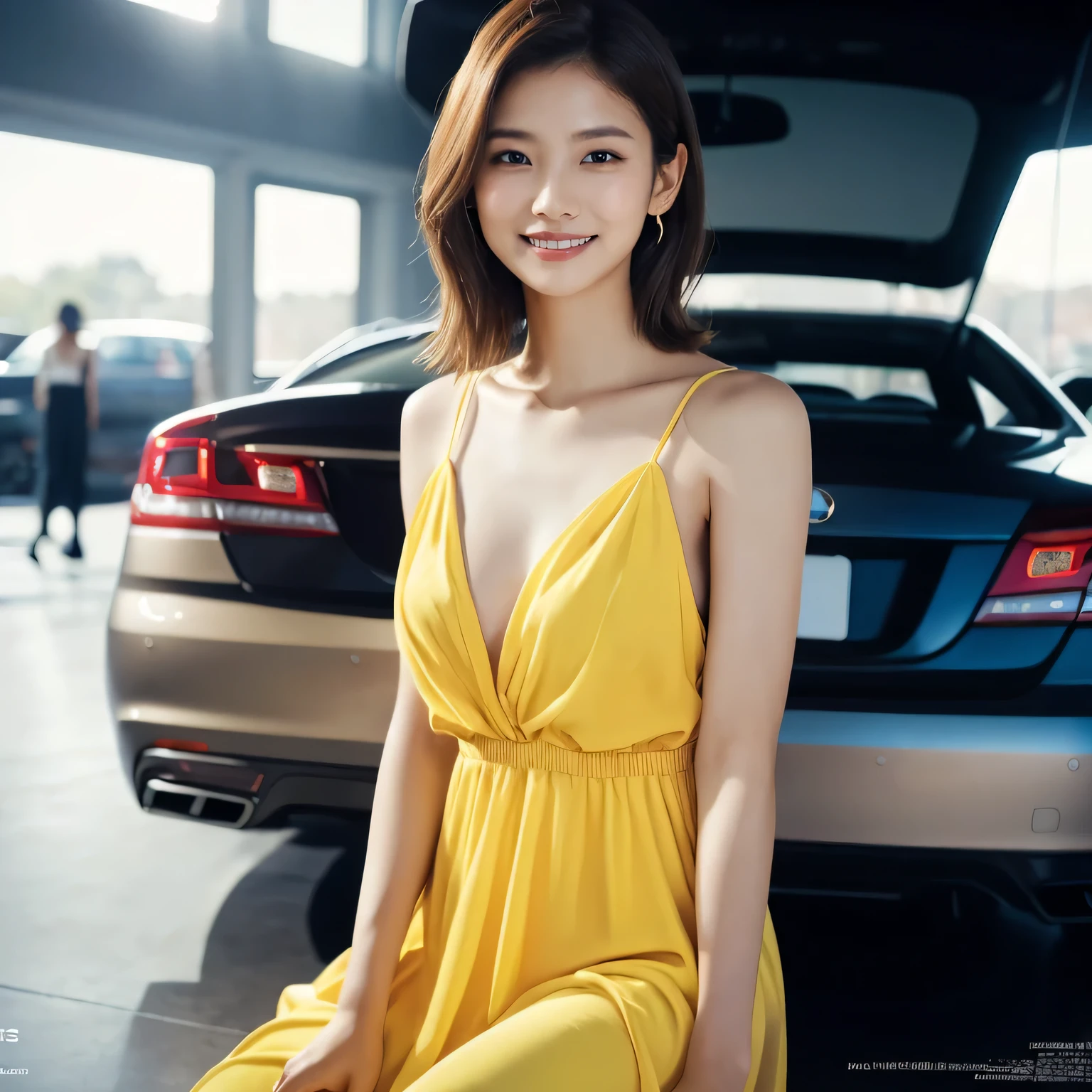 1 girl, (Wear a bright yellow dress:1.2), Very beautiful Japanese idol portraits,
(RAW Photos, highest quality), (Realistic, Realistic:1.4), (masterpiece),
Very delicate and beautiful, Very detailed, 2k wallpaper, wonderful, finely, Very detailed CG Unity 8K wallpaper, Very detailed, High resolution, Soft Light,
Beautiful detailed girl, Very detailed目と顔, Beautiful and sophisticated nose, Beautiful and beautiful eyes, Cinema Lighting,
(Fashion magazine photography:1.3), (indoor), (motor Show:1.3), Accurate depiction of the car,
(Medium Hair), (whole body), (Sit on the hood of a car:1.2), (Sitting cross-legged:1.2),
Complete Anatomy, Slender body, Small breasts, smile, Happy, (teeth)