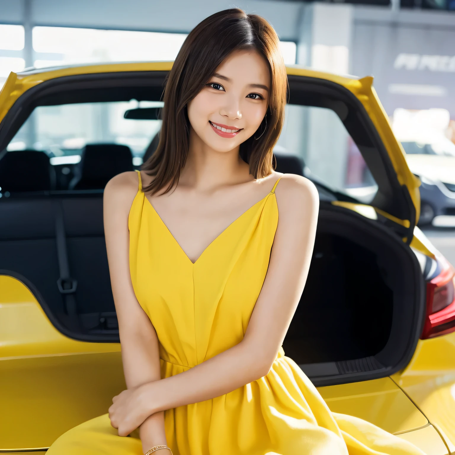 1 girl, (Wear a bright yellow dress:1.2), Very beautiful Japanese idol portraits,
(RAW Photos, highest quality), (Realistic, Realistic:1.4), (masterpiece),
Very delicate and beautiful, Very detailed, 2k wallpaper, wonderful, finely, Very detailed CG Unity 8K wallpaper, Very detailed, High resolution, Soft Light,
Beautiful detailed girl, Very detailed目と顔, Beautiful and sophisticated nose, Beautiful and beautiful eyes, Cinema Lighting,
(Fashion magazine photography:1.3), (indoor), (motor Show:1.3), Accurate depiction of the car,
(Medium Hair), (whole body), (Sit on the hood of a car:1.2), (Sitting cross-legged:1.2),
Complete Anatomy, Slender body, Small breasts, smile, Happy, (teeth)