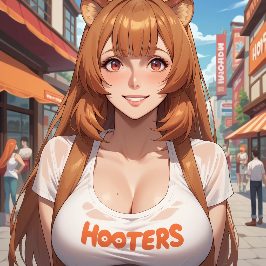 (De alta calidad ,  masterpiece )raphtalia ,   orange hair with red tips ,   ruby red eyes   ,  smile,   usa Hooters sleeveless blah shirt. background a city .  big breasts.  big breasts. neckline.