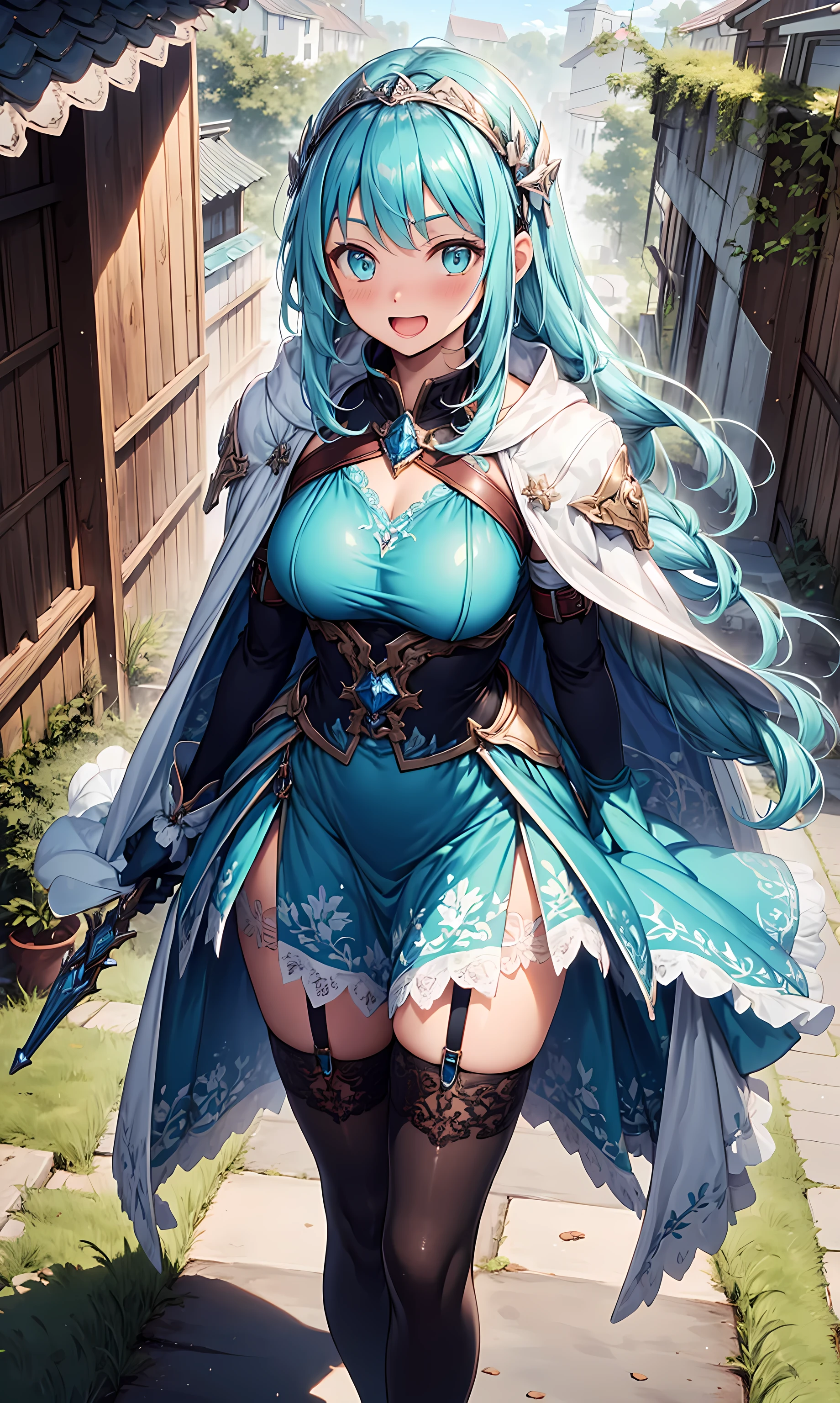   tights  ，Combat Suit，adventurer，，  Have Fun  ，in love，(Oversized cape )，  black gloves  ，Green，Green eyes， Transparent Tulle ，Exquisite hair accessories，  transparent lace  ，Sky blue pattern，Dress nicely，On the city wall，The only person，night， engraved sling boots，   super detailed  