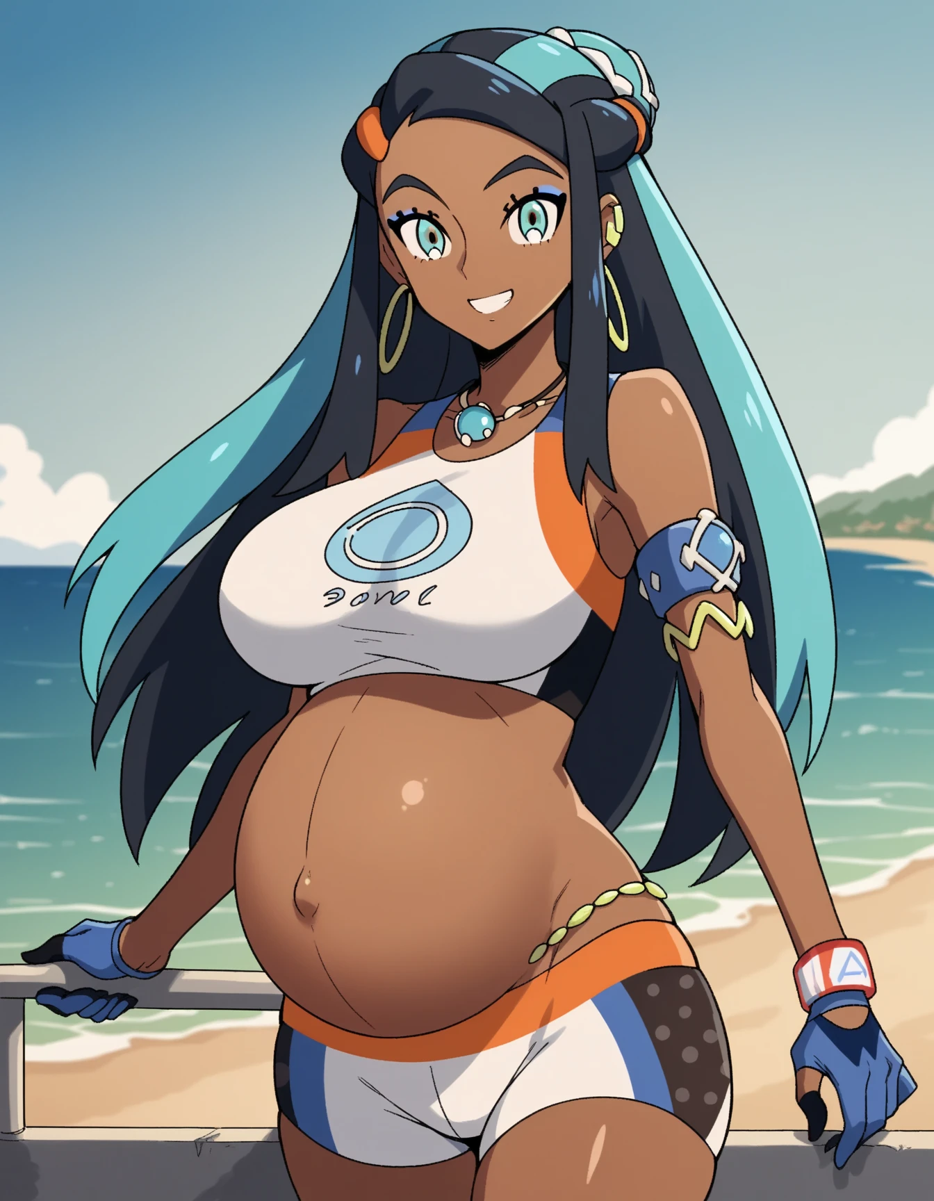 score_9, score_8_up, score_7_up, source_anime, pokemonnessa, aqua eyes, eyeshadow, dark skin, dark-skinned female, hair bun, hair ornament, makeup, long hair, sidelocks, single hair bun, thick eyebrows, black hair, aqua hair, streaked hair,, armlet, bare arms, belly chain, bike shorts, bikini, crop top, Pregnant, huge Belly, huge breasts, big belly,
earrings, gloves, half gloves, hoop earrings, jewelry, midriff, navel, necklace, short shorts, shorts, swimsuit, tankini, rooftop view, Dawn time, beach, quiet reflection, smile, looking at viewer, solo,, cowboy shot, dutch angle