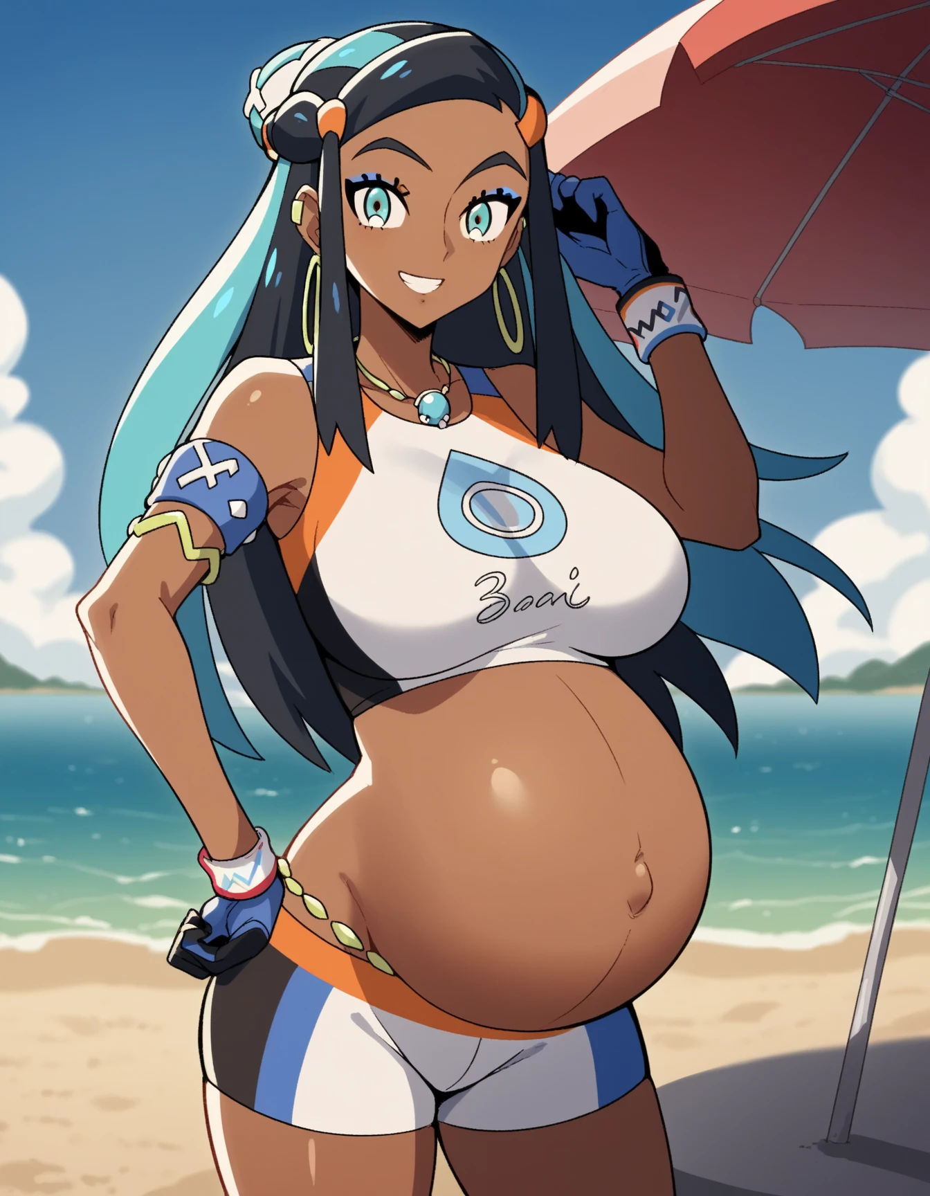 score_9, score_8_up, score_7_up, source_anime, pokemonnessa, aqua eyes, eyeshadow, dark skin, dark-skinned female, hair bun, hair ornament, makeup, long hair, sidelocks, single hair bun, thick eyebrows, black hair, aqua hair, streaked hair,, armlet, bare arms, belly chain, bike shorts, bikini, crop top, Pregnant, huge Belly, huge breasts, big belly,
earrings, gloves, half gloves, hoop earrings, jewelry, midriff, navel, necklace, short shorts, shorts, swimsuit, tankini, rooftop view, Dawn time, beach, quiet reflection, smile, looking at viewer, solo,, cowboy shot, dutch angle