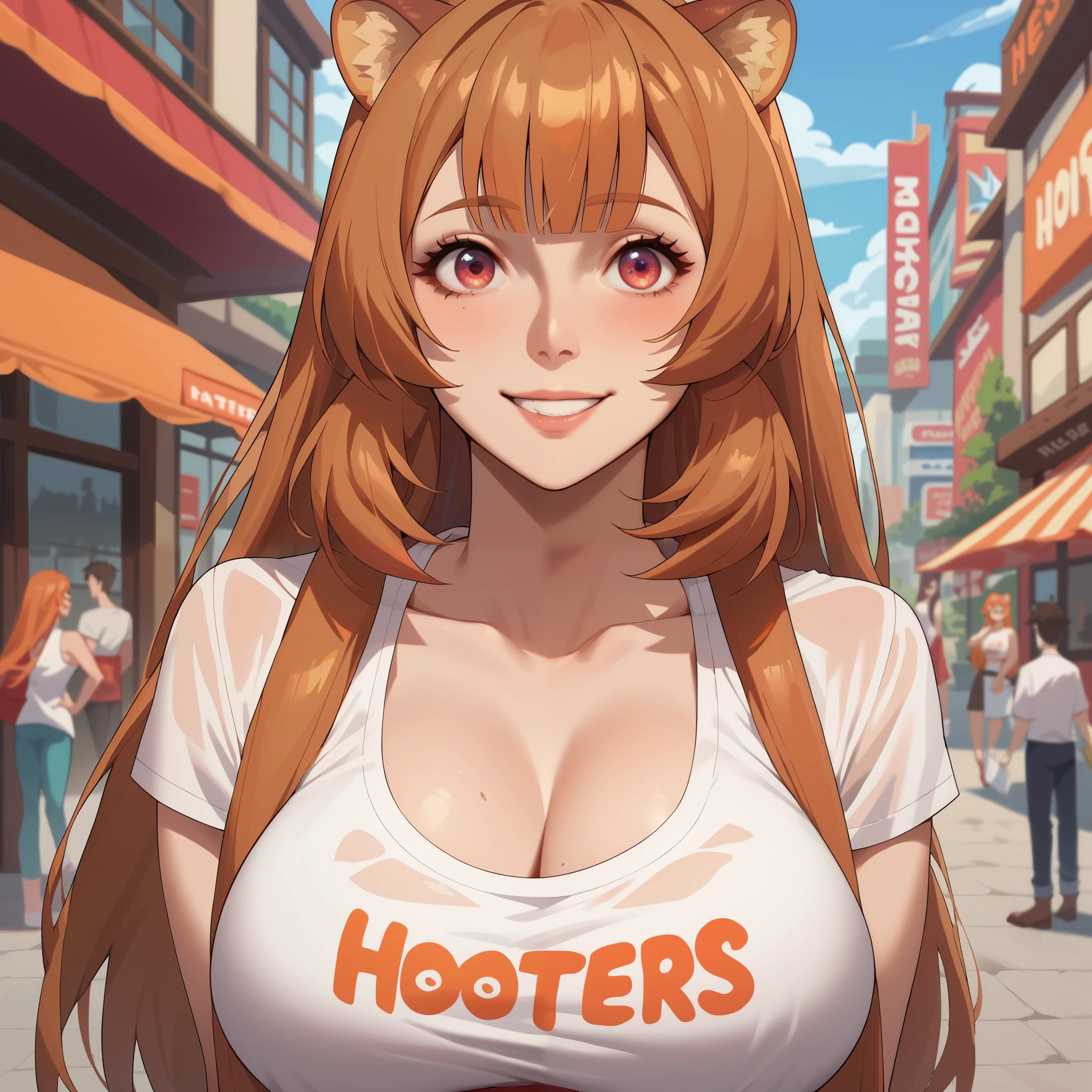 (De alta calidad ,  masterpiece )raphtalia ,   orange hair with red tips ,   ruby red eyes   ,  smile,   usa Hooters sleeveless blah shirt. background a city .  big breasts.  big breasts. neckline.