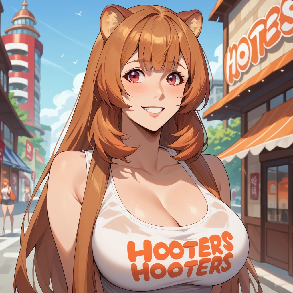 (De alta calidad ,  masterpiece )raphtalia ,   orange hair with red tips ,   ruby red eyes   ,  smile,   usa Hooters sleeveless blah shirt. background a city .  big breasts.  big breasts. neckline.