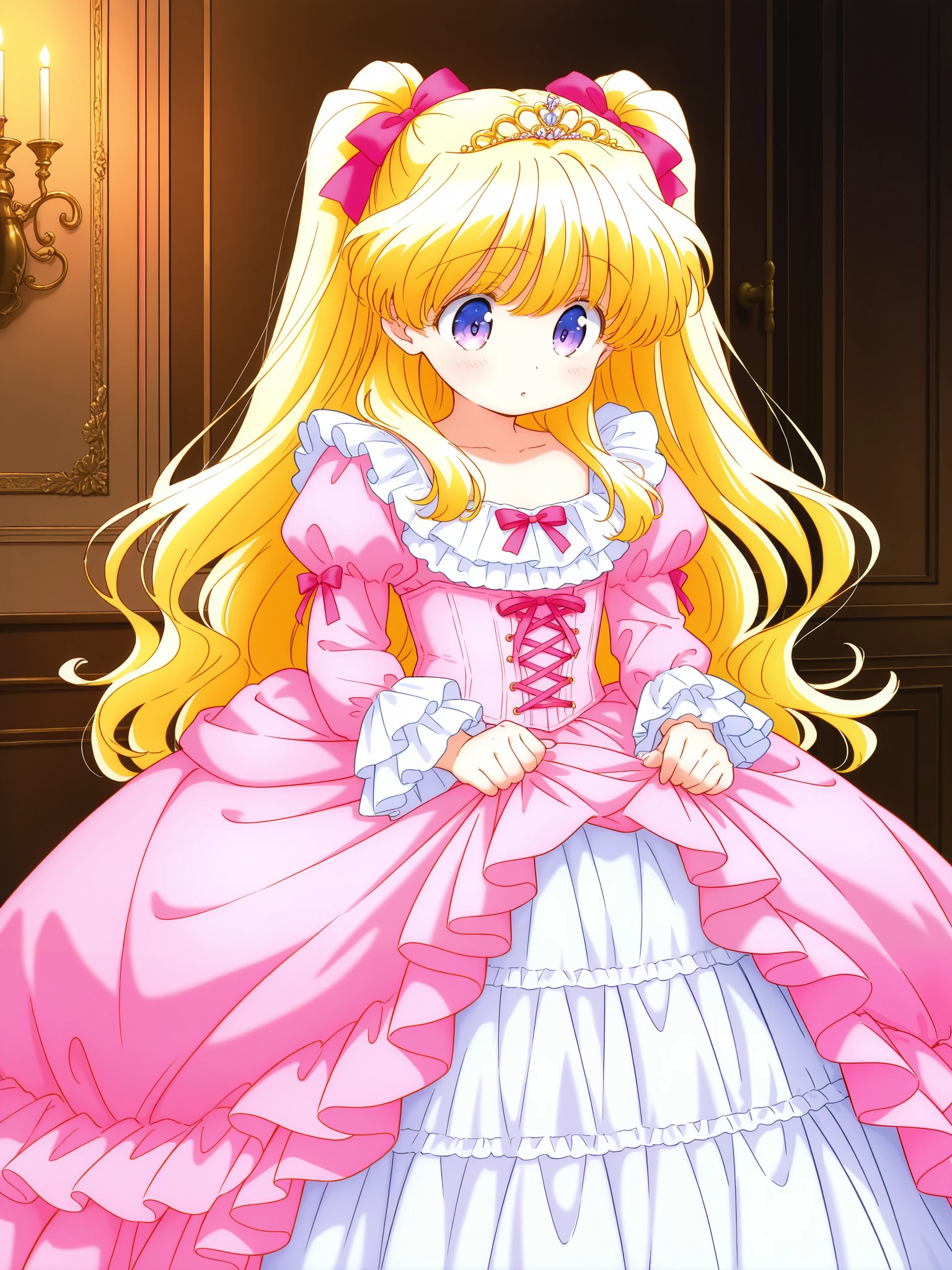 general,highres, ultra-detailed,very aesthetic,best quality ,best hands, BREAK Ayumi_GF, 1girl,solo, long hair,Big eyes,
A cute Princess,, ((hot pink Silk Satin Victorian big Ball Gown Dress.:1.0)),Ten years old young girl,baby face,short tall,long sleeves,puff sleeves,frilled sleeves,laced corset with ribbons,The dress is decorated with lots of frills and ribbons., blond wave Long hair that reaches down to the waist,They are wearing princess tiara on the head,in the luxurious European rococo style palace,