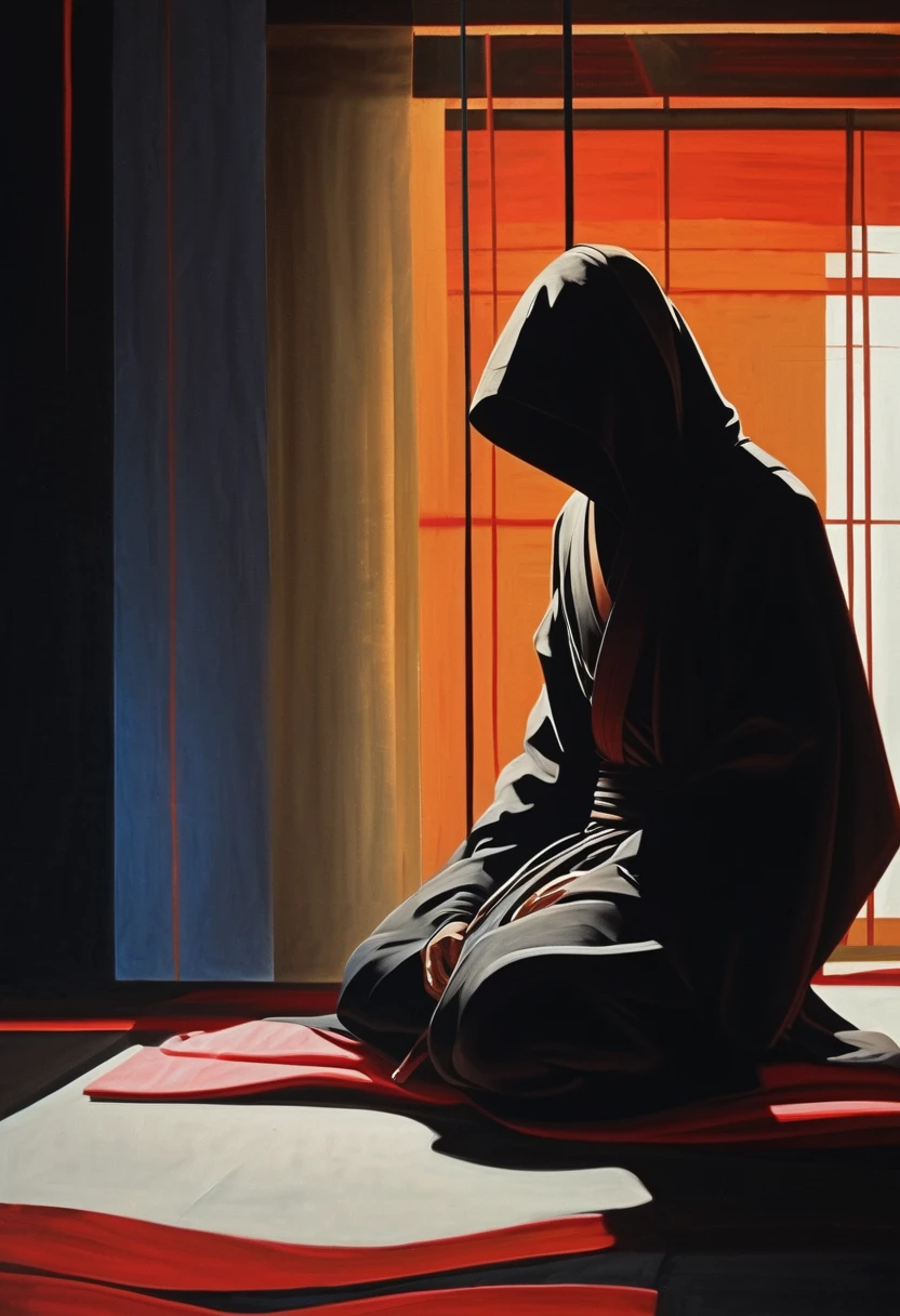 best quality,Abstract Painting,A ninja,Alone,tall and thin ninja character,(wearing minimal ninja armor,hood and mask,made of cloth,sleek,reflective fabric on the armor,matte cloth for the scarf),he is siting on (Tatami flooring),(right his knee raises ),(he looks down at floor),he is nerves,his back reflect the sharp light,A small amount of light shines on his back,details of  textures of cloth and Tatami,shading and contrast of light