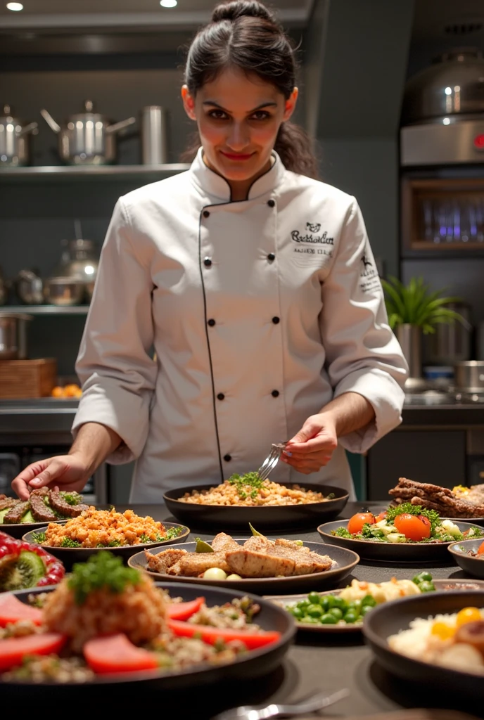 cooking battle,fat muscular woman Iron Chef: Quest for an Iron Legend,the back ground is in a fancy restaurant, surrounded by food, food everywhere, table full of food in foreground,kitchen stadium