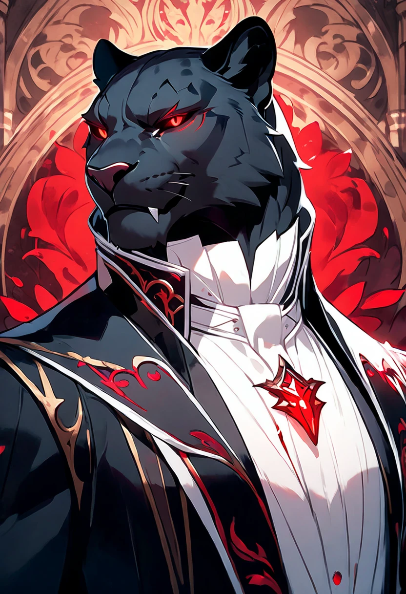 handsome anthropomorphic black panther with red glowing eyes wearing a black modern butler suit, elegant, medieval fantasy vibes, light novel art, black pelt, detailed furry art, cool, sexy, masculine, black colored butler suit, evil smirk, arrogant, evil, demonic servant, superiority complex, evil smile, half-lidded gaze, lean and toned 