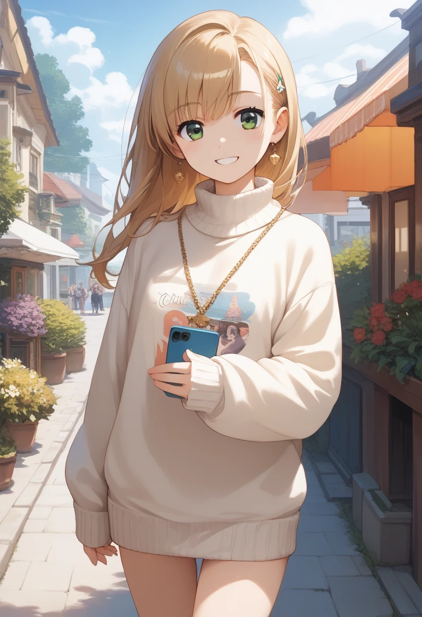 masterpiece, best quality, score_9, score_8_up, source_anime, girl, (ite), smile, sweater,