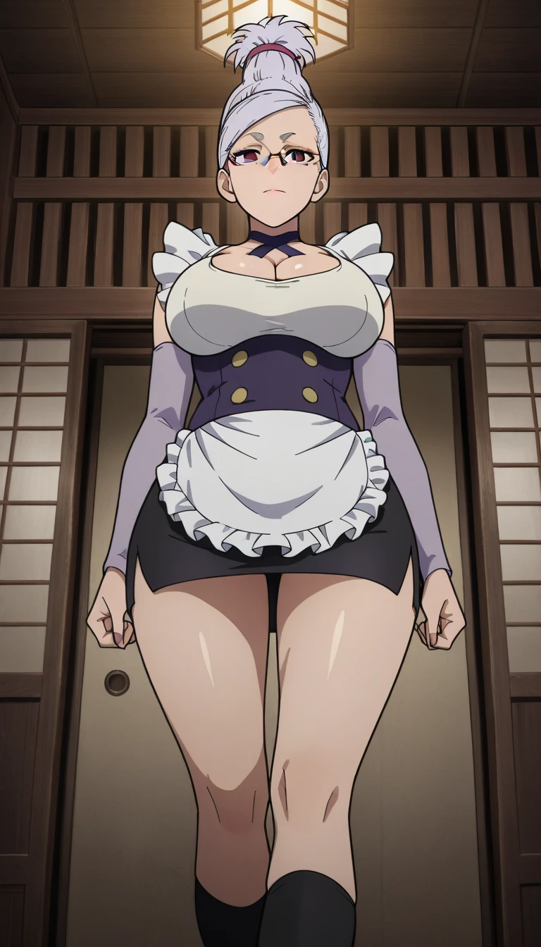 temple (   a mature woman   ),(( bright purple jewelry   )),    below the bust   ,    Big breasts     (two breasts),((   empty eyes   )),purple eyes ,    shiny eyes,Serious,    inexpressive, ((  short maid uniform   , Tight,    black skirt very curved legs wearing black socks wearing glasses in the position of greeting your master ,,   masterpiece   ,    best quality,    incredible quality   ,    very aesthetic   ,   absurdities  ,    ready to serve your master mental reprogramming Seiko Ayase Dandadan  