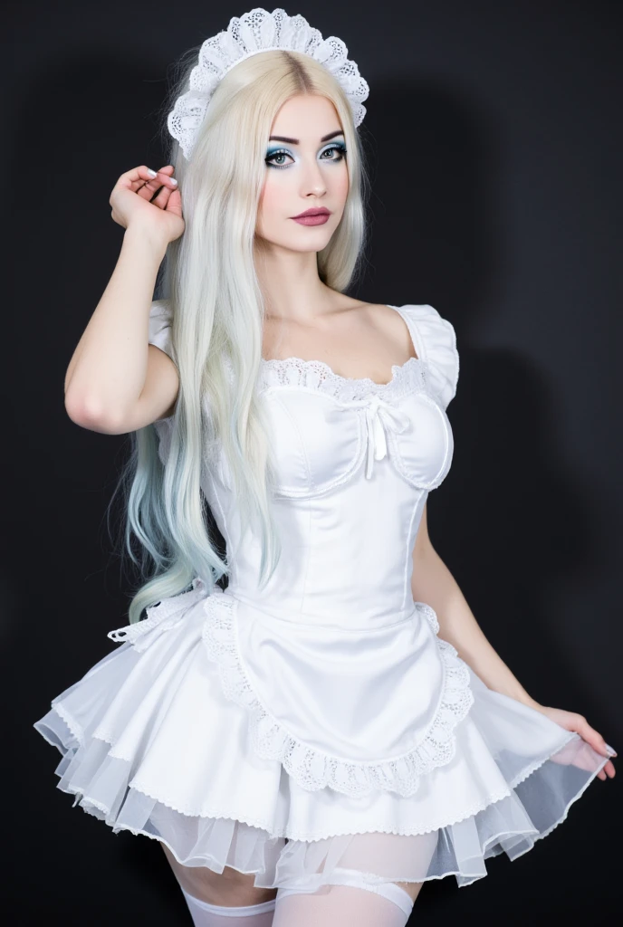 age 18, slim, e-girl, goth girl,( Masterpiece, 4k resolution, ultra-realistic, very detailed) long white hair with blue highlights, blue eyes, wearing a frilly white ****ta dress, sissy, high petticoat skirt, bow in her hair, bow in her hair, white stockings, dressed in a sexy white maid outfit, Caucasian pale skin, drag queen makeup, small breasts