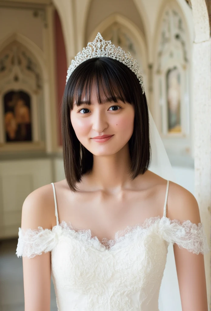 (8k、 RAW photo、 top quality 、masterpiece:1.2)、( realistic 、 realistic )、 1 girl、(( off-shoulder wedding dress, Chapel、 short bob、 FRONT VIEW 、smile、 camera  、smile、stand))、cute、 small Breasts 