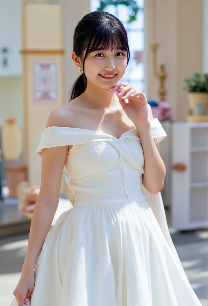 (8k、 RAW photo、 top quality 、masterpiece:1.2)、( realistic 、 realistic )、 1 girl、(( off-shoulder wedding dress, Chapel、 short bob、 FRONT VIEW 、smile、 camera  、smile、stand))、cute、 small Breasts 