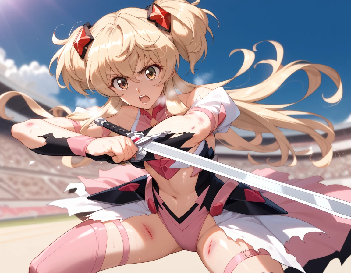  top quality ,  soft light during the cruise,  super high res,  cute, Beautiful face in every detail , high resolution details of human skin texture, shiny skin,sweat,Heat, white breath ,Take a deep breath,Cagliostro, battle costume,Outdoor Arena,sunlight, serious eyes,Ready,Big eyes, Symphogear ,armed gear , open mouth ,Fighting pose,bruised body, swords, hair ornament, torn clothes , long hair