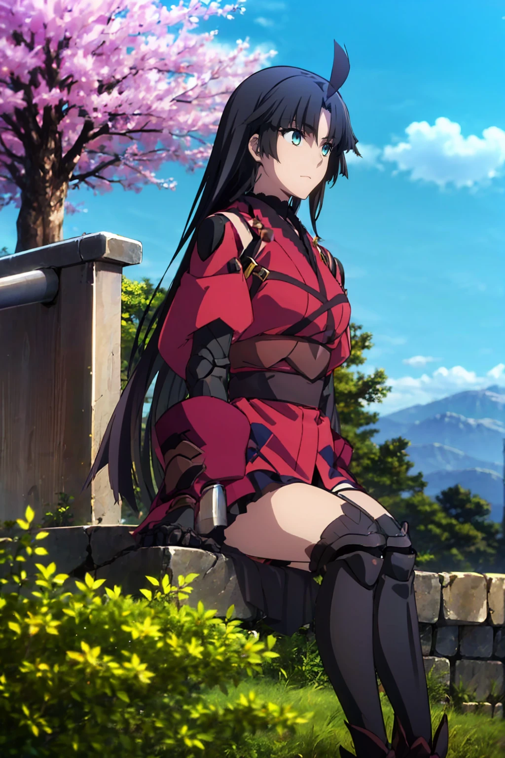 One Girl Kato Danzo（Fate）, Ufotable Style , Machine Hands and Joints, Assassin 3 ,Mecha,kimono, black hair, long hair, under a cherry tree , sitting,blue sky