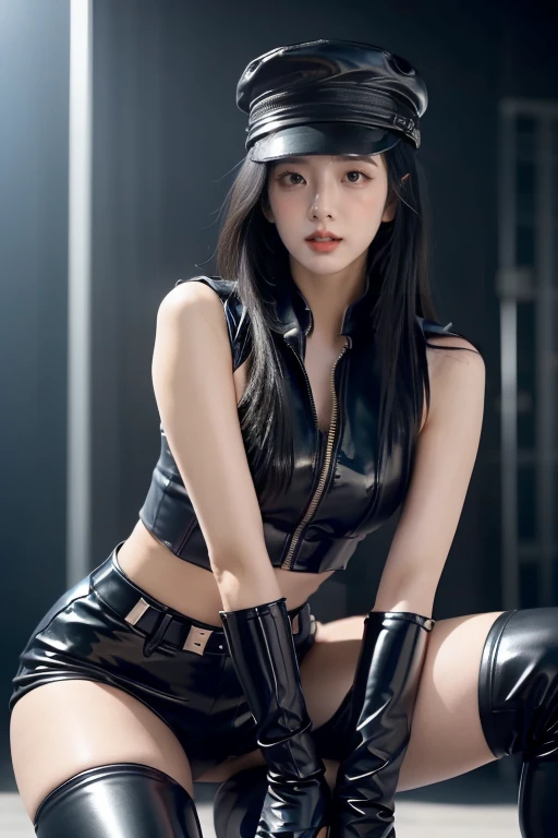 a beautiful young asian woman,long flowing hair,black latex croptop,black shorts,black elbow gloves,thigh-high black boots,police hat,detailed face,high quality,photorealistic,8k,masterpiece,professional,studio lighting,ultra-detailed,extremely detailed facial features,extremely detailed eyes and face,beautiful detailed eyes,beautiful detailed lips,realistic,cinematic lighting,dramatic lighting,stunning,breathtaking,elegant,graceful,powerful,badass, sexy pose