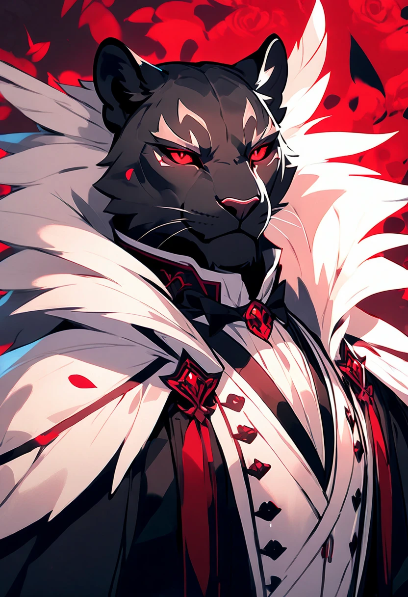 handsome anthropomorphic black panther with red glowing eyes wearing a black modern butler suit, elegant, medieval fantasy vibes, light novel art, black pelt, detailed furry art, cool, sexy, masculine, black colored butler suit, evil smirk, arrogant, evil, demonic servant, superiority complex, evil smile, half-lidded gaze, lean and toned, portrait, sexy masculinity, young male panther 