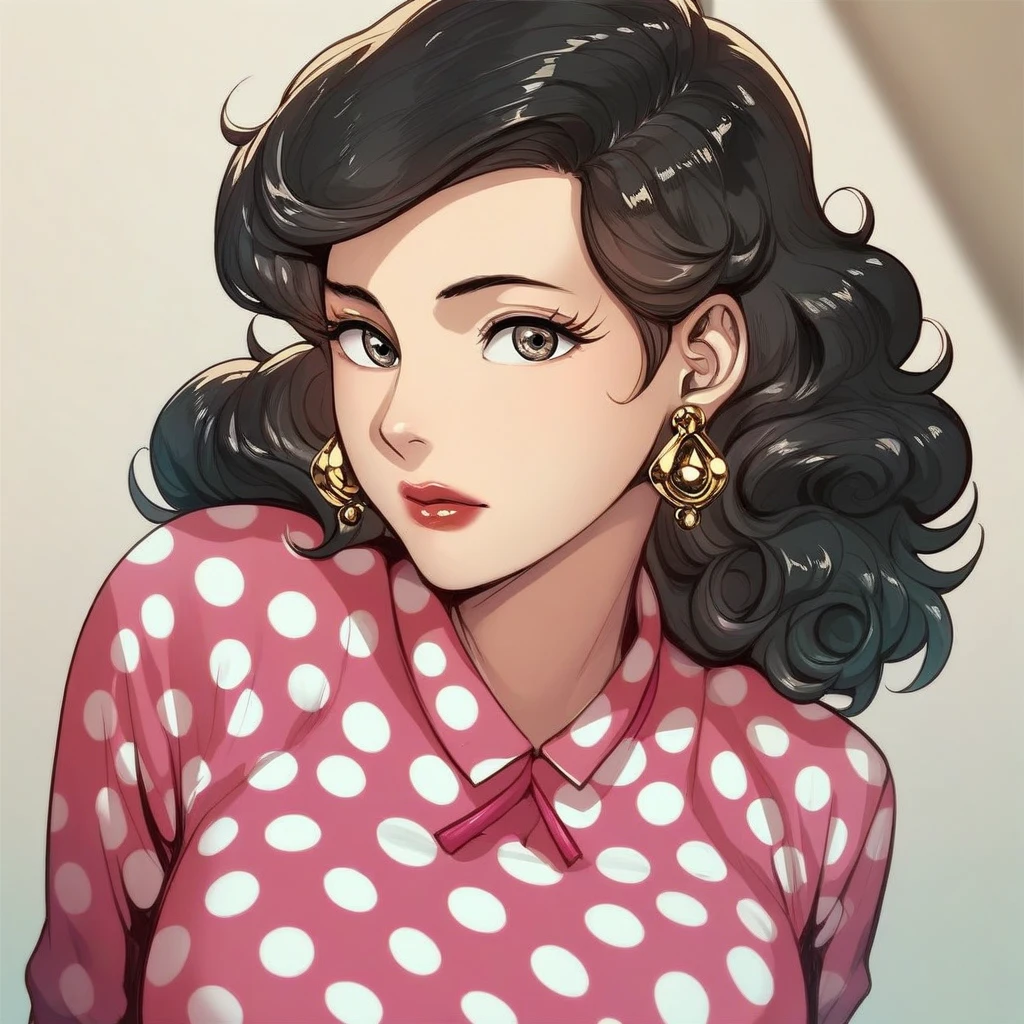 Mrs.. ahn, 1 girl, Alone, jewelry, earrings, polka dot dress,  black hair, make-up, Red lips,  belt,  pink dress ,  lipstick,  big breasts, clavicle, medium hair,  gray eyes ,  wavy hair, Pencil skirt