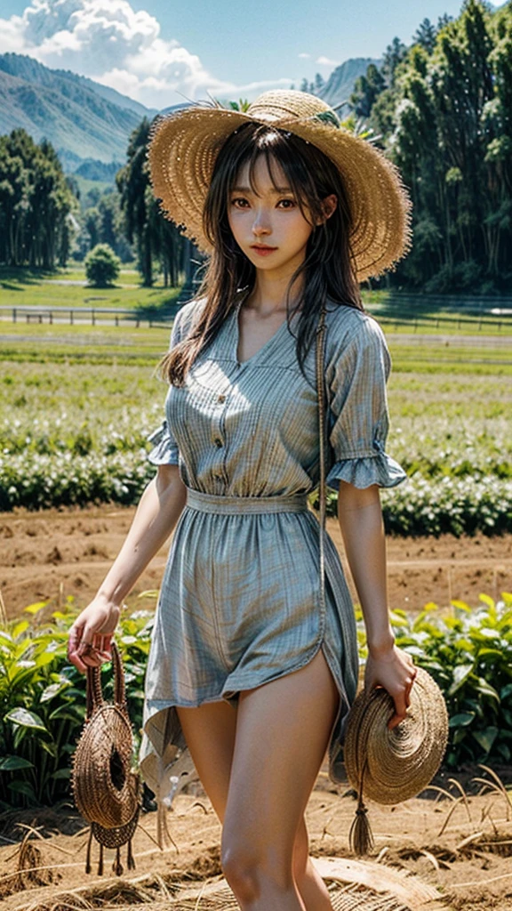 (photo realistic), (masterpiece), HDR, wallpaper, Highest quality, Award-winning photography,
(Intricate details), (Subtle details), (Intricate details),
(Cinematic Light), Sharp focus,
(Woman wearing straw hat, Standing in a potato field),
(an urban-looking woman wearing farm work clothes),
beautiful face stained with dirt,
detailed face, light makeup,
shine, sparkle,
(Contrails, horizon),
perfect female anatomy, two arms, perfect legs, perfect feet, (perfect hands, perfect fingers),