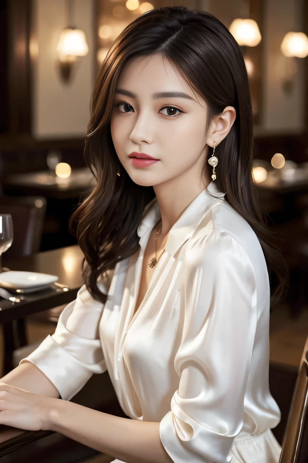 masterpiece, Highest quality, Realistic, Very detailed, Finer details, High resolution, 8k wallpaper, One beautiful woman, Wear an elegant white silk blouse, In a great restaurant, At night, Light brown messy hair, Perfect dynamic composition, Beautiful and beautiful eyes、Big earrings、Sit on a chair、
