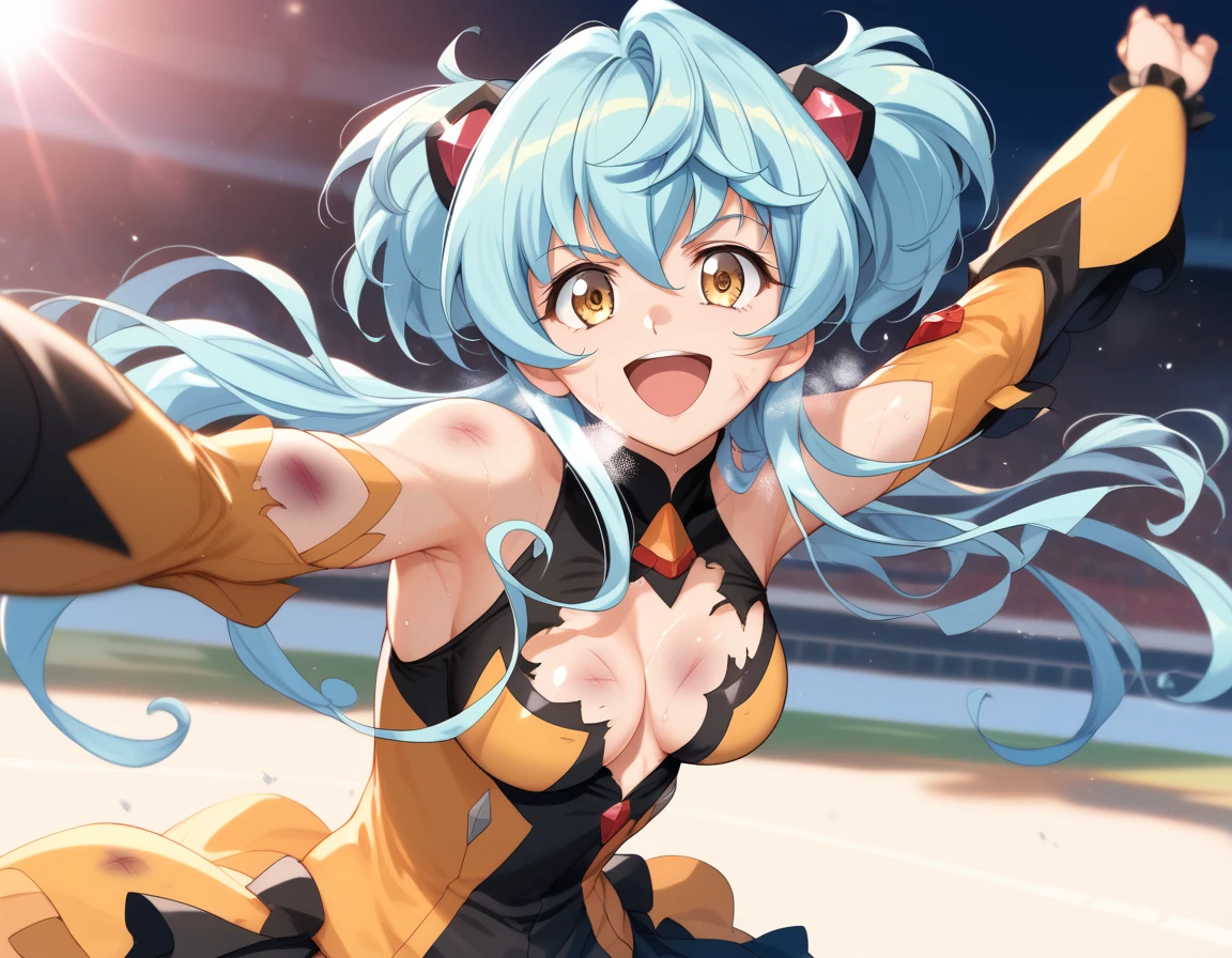  top quality ,  soft light during the cruise,  super high res,  cute, Beautiful face in every detail , high resolution details of human skin texture, shiny skin,sweat,Heat, white breath ,Take a deep breath,Cagliostro, light blue hair,yellow battle costume,Outdoor Arena,sunlight, serious eyes,Ready,Big eyes, Symphogear ,armed gear , open mouth ,Fighting pose,bruised body, hair ornament, torn clothes , long hair,smile