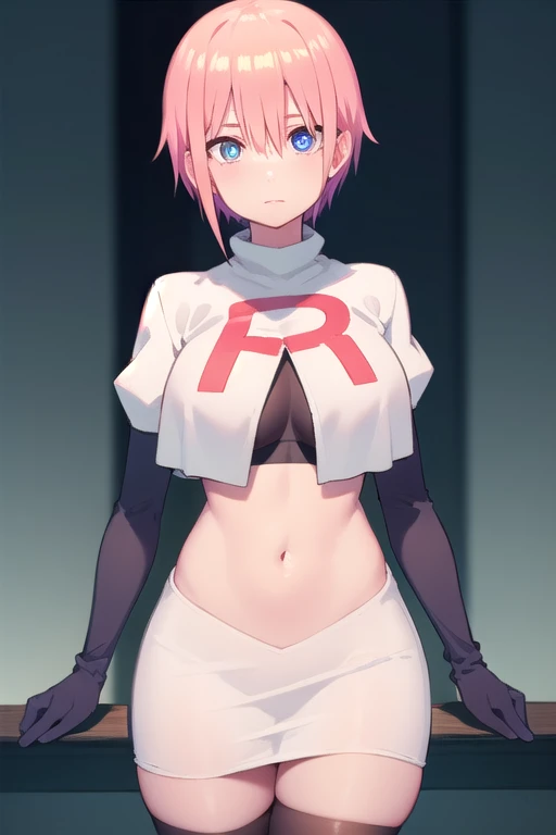 (extremely detailed CG), (best quality), perfect face, shiny skin, lustrous skin, 1girl,solo   narrow waist,  wide hips, mollie, pink hair, bangs, blunt bangs, earrings, jewelry, blue eyes, short hair, piercing,ear piercing, hairband,team rocket,team rocket uniform,white skirt,red letter R,crop top,black thigh-highs,black elbow gloves,