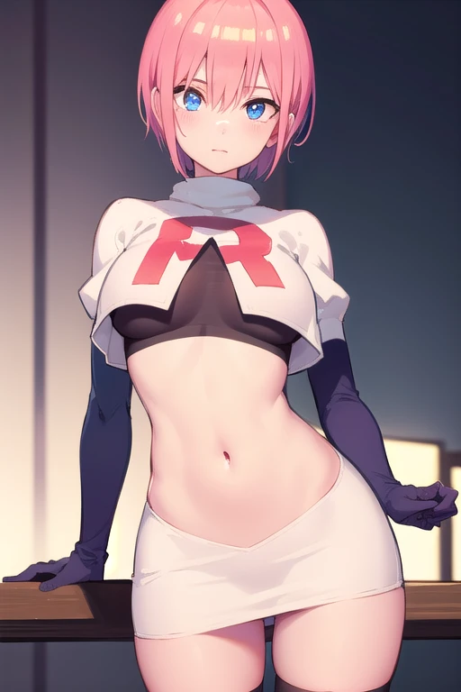 absurdres, best quality, androgynous, solo, looking at viewer,eye focus, TachibanaHinano, (short hair:0.75), medium breasts, (split-color hair), blue eyes, hairclip, (messy hair:1), choker, (earrings:0.1), (sidelocks)
BREAK
pink hair, (swept bangs:0.25), sidelocks
BREAK
(blunt bangs:1), (sidelocks:1.5), team rocket,team rocket uniform,white skirt,red letter R,crop top,black thigh-highs,black elbow gloves