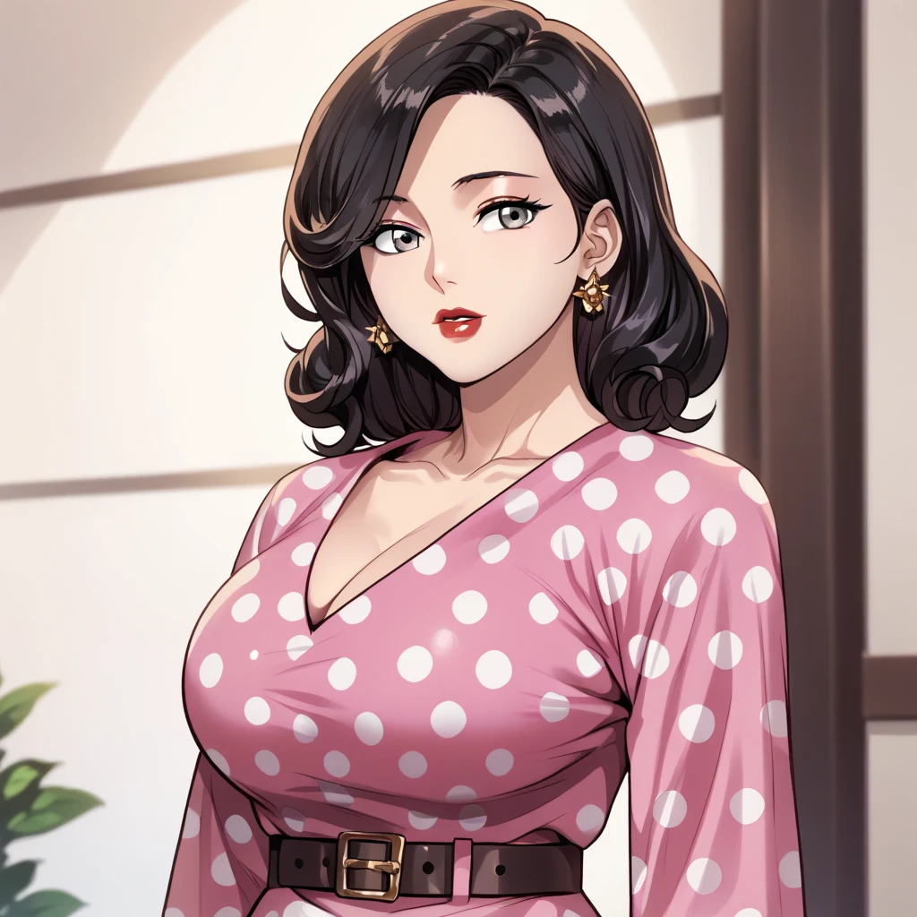 Mrs.. ahn, 1 girl, Alone, jewelry, earrings, polka dot dress,  black hair, make-up, Red lips,  belt,  pink dress ,  lipstick,  big breasts, clavicle, medium hair,  gray eyes ,  wavy hair, Pencil skirt