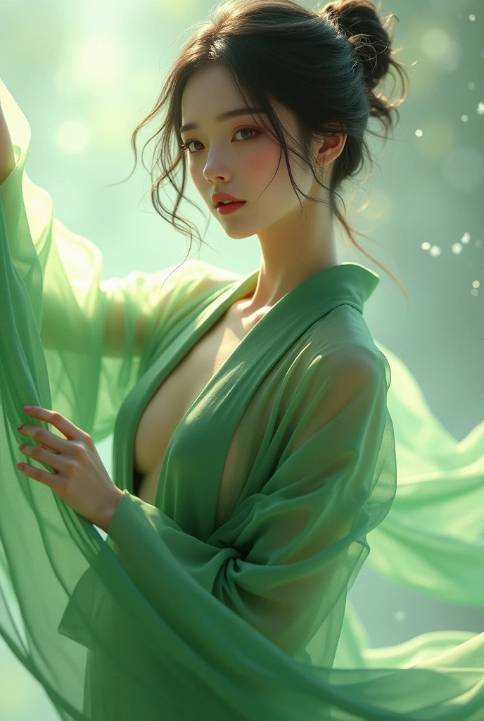 gufeng,bare shoulders,(masterpiece, best quality:1.2), 1girl, solo, ((off shoulder clothes)), In the depths of Wonderland，The moonlight falls like water，foggy room，The figure of the heroine is vaguely visible，Just like the fairy in the painting，Slender sexy legs，Very nice legs，Leaking sexy legs，Big breasts，Beautiful with a hint of mystery。Her face is beautiful and delicate，Like finely carved jade，Showing otherworldly beauty。The eyebrows are picturesque，The waves in my eyes are like twinkling stars，Show the light of perseverance and wisdom。The bridge of the nose is straight，Lip color like cherry，The slightly raised corners of the mouth reveal confidence and calmness。Her face is well defined，The skin is as fair as jade，Reveals a healthy glow，Just like a fairy, she never eats fireworks in the world。Her makeup is light and delicate，Not too much embellishment，But enough to show her temperament and charm。Light-colored foundation brings out the transparency of the skin，A light eyebrow pencil outlines her perfect eyebrow shape，Eye makeup is eye shadow and eyeliner，Make her eyes brighter and more energetic。Lips painted with grace lipstick，Adds a bit of charm and sophistication。Her clothes are graceful and chic，Clothes flutter，It seems like it will be blown up by the wind at any time，drifting into the distance。Without losing grace，Also showed her extraordinary skills。Rocking with her movements。Her hair is tied back casually，Secure it with a hosta，A few strands of hair are fluttering gently in the wind，Adds a bit of softness。Her figure is looming in the fairyland，Like a beautiful landscape with big breasts，attracted everyone&#39;s attention。She seems to be a fairy in wonderland，Big breasts beautiful、grace、mystery、and full of power。