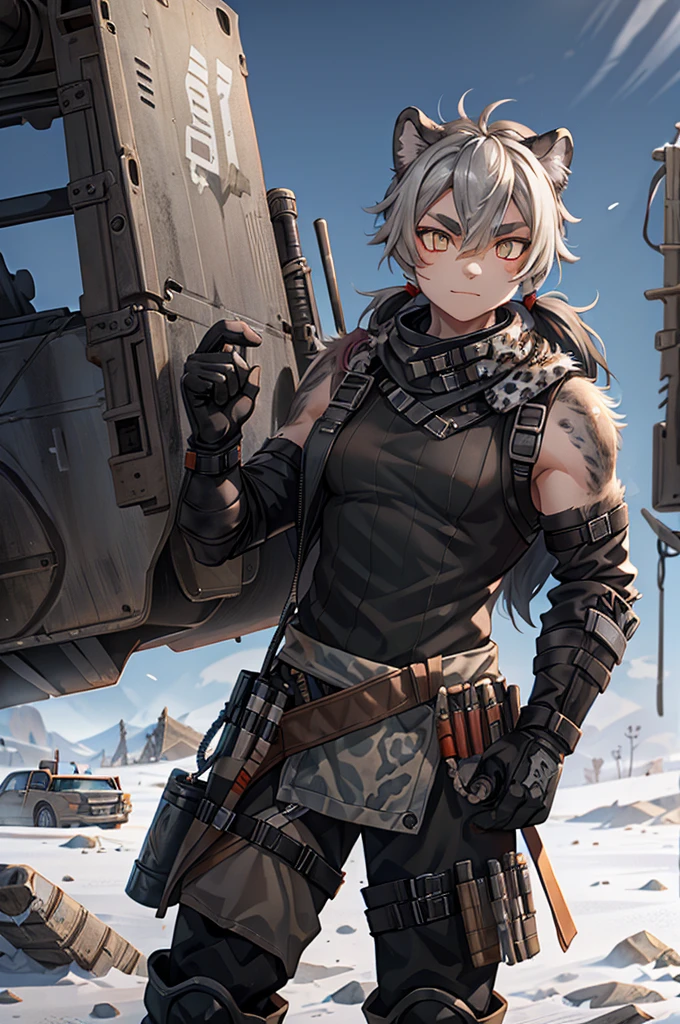 a picture of an anthropomorphic snow leopard wearing post apocalyptic clothes, post apocalyptic setting, mad max fury road, combat pose, solo, epic setting, survivor, long black hair in a ponytail, grey snow leopard skin, grey leopard, leopard face, femboy, twink, feminine male, feminine body