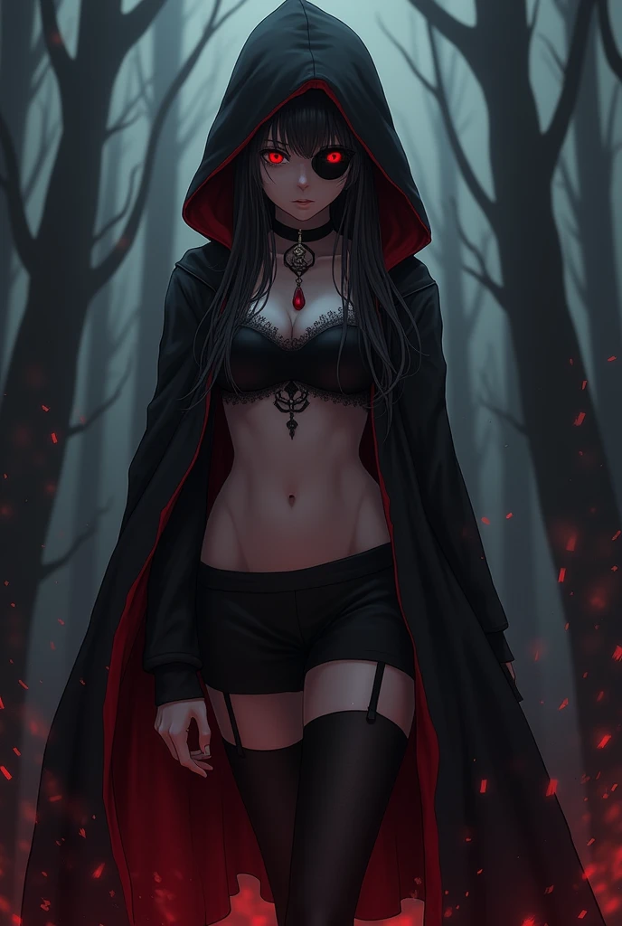 a cute 14 year old girl, black hair, slim body, flat chest, holding a death scythe, wearing a black long coat with a hood, nude, creepy smile, blood, horror, dark fantasy, highly detailed, cinematic lighting, dramatic shadows, moody atmosphere, photorealistic, 8k, masterpiece