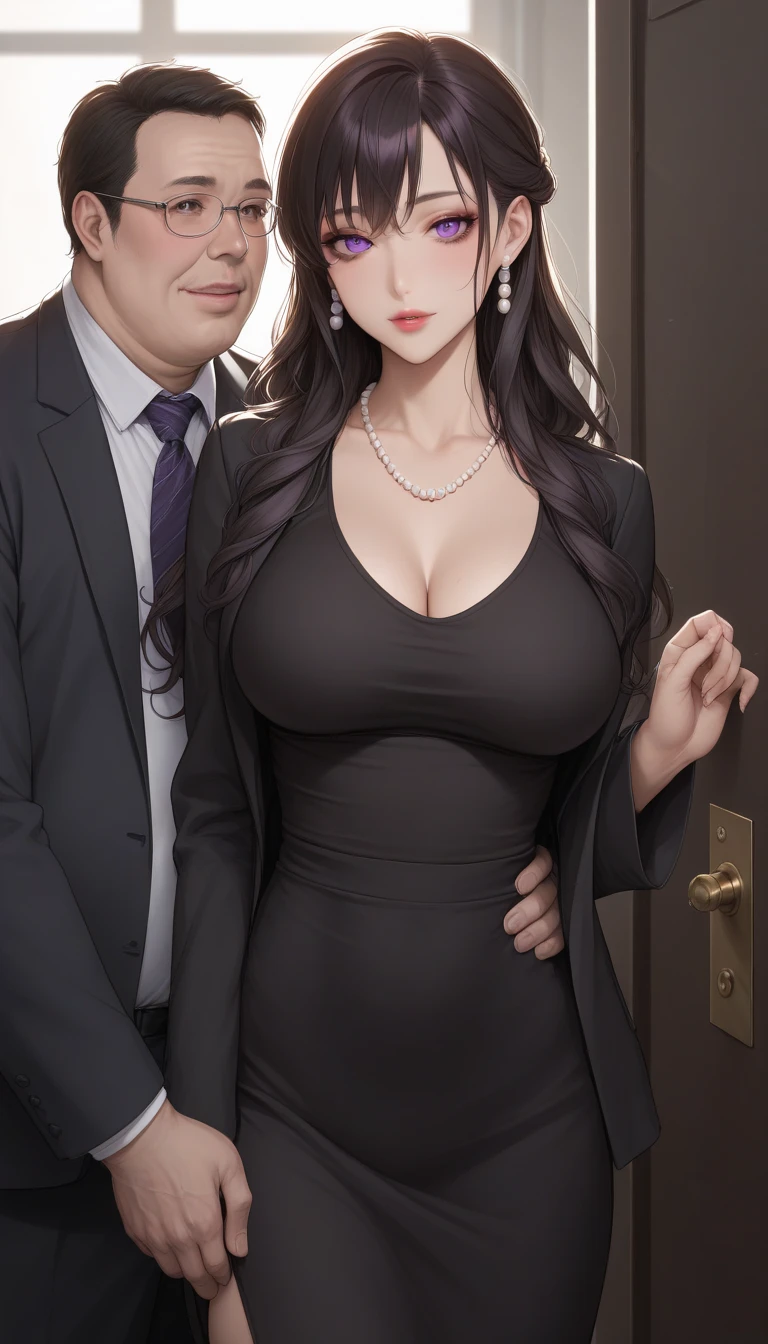 Hot  beautiful sexy Maria with fat ugly old man , long pearl earrings, lipstick, black hair, big rounded breasts , wavy hair,makeup, eyeliner, eyeshadow, detailed art style, purple eyes,  long hair  , stockings ,long skirt,  black shirt,coat, necklace ,manga art style,Maria no dazai art style , bangs between  eyes, office room,black and white , detailed eyes, closing the door of office , grabbing hand,side bangs,braid,half updo ,pencil drawn