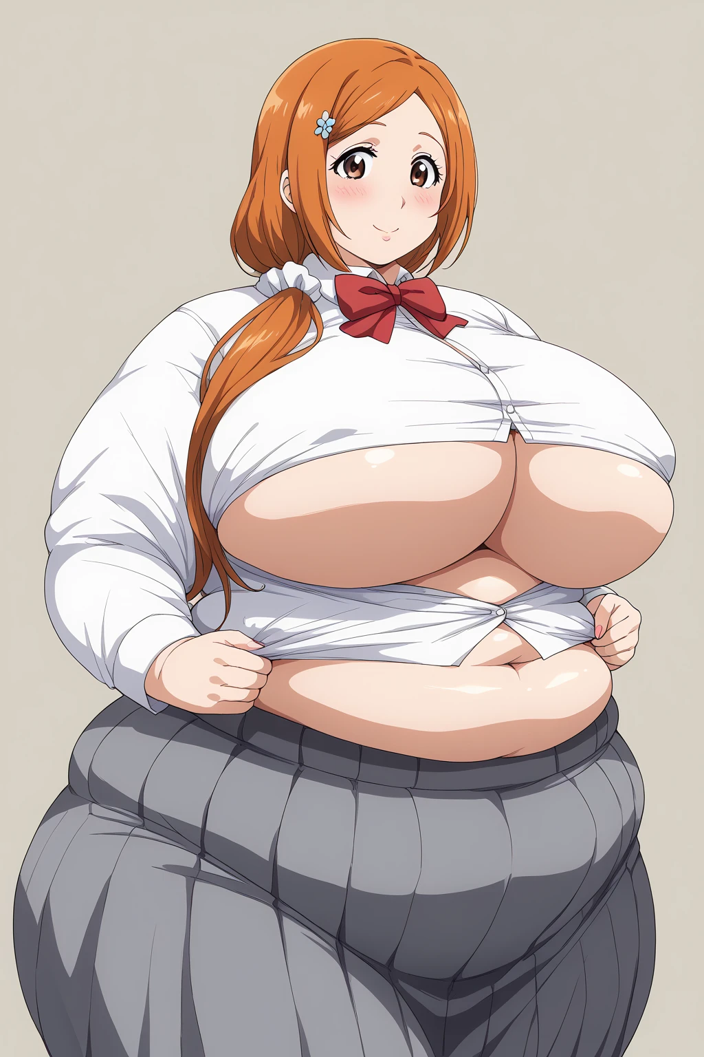 inoue orihime, Orihime Inoue, milf, 40 years old,  long hair,  orange hair,  (brown eyes),low ponytail, I'm tying my hair to one at the back,White scrunchie,  school uniform,  white Y shirt,  Red Bow Tie ,  gray skirt, score_9,  score_8_ up,  score_7_ up,  score_6_ up,  score_5_ up,  score_4_ up,  Masterpiece ,  top quality , Very aesthetic,   absurd,  Source_Anime, Anime screencap 一人の女性、Alone、 personal 、Super huge breasts, ((( super huge clevis 、Super huge, Super huge boob))),Curvy、 Wide Hips、 embarrassing expression 、  troubled expression,living,  in her 20s, ssbbw, chybby,blush, Fat face, Married Woman, 