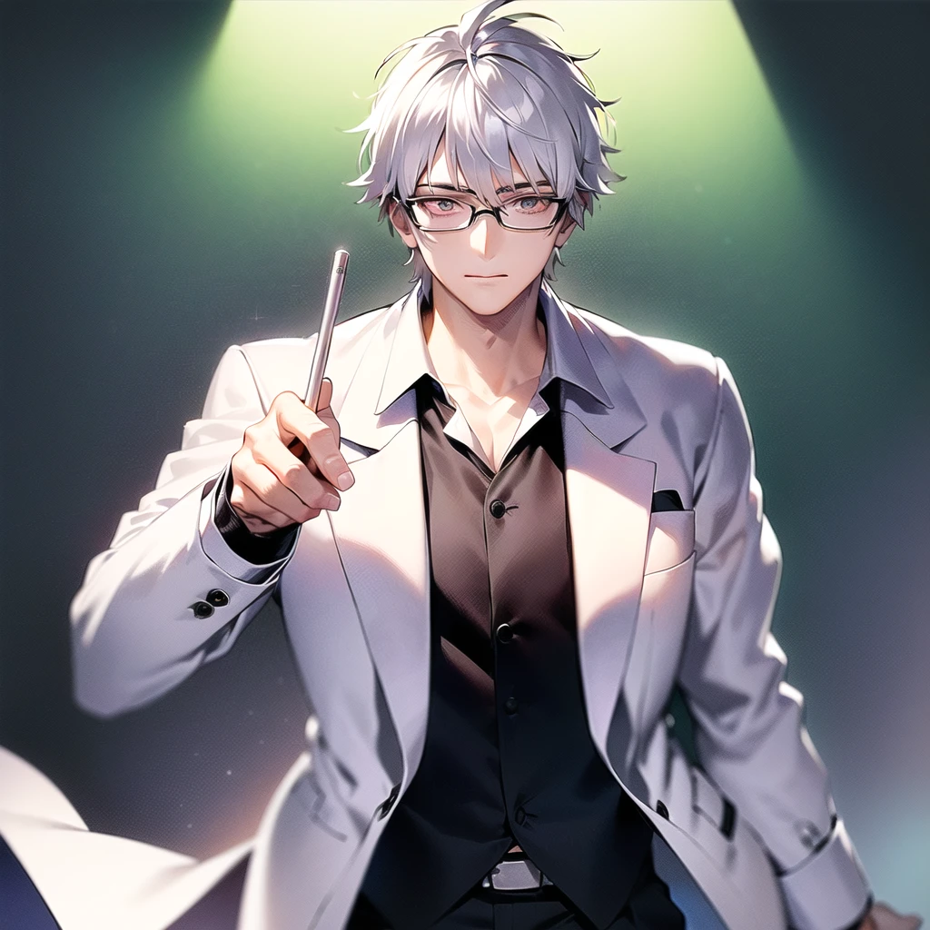 anime character with Silver haired, he isteacher, he is wearing an open white lab coat, he is wearing a green tie, he is wearing medical glasses, he is wearing a pink shirt under his lab coat, he has calm sleepy eyes, he has a cigarette in his mouth, he is standing still, background is a dark green  chalk board, he is holding his arms together