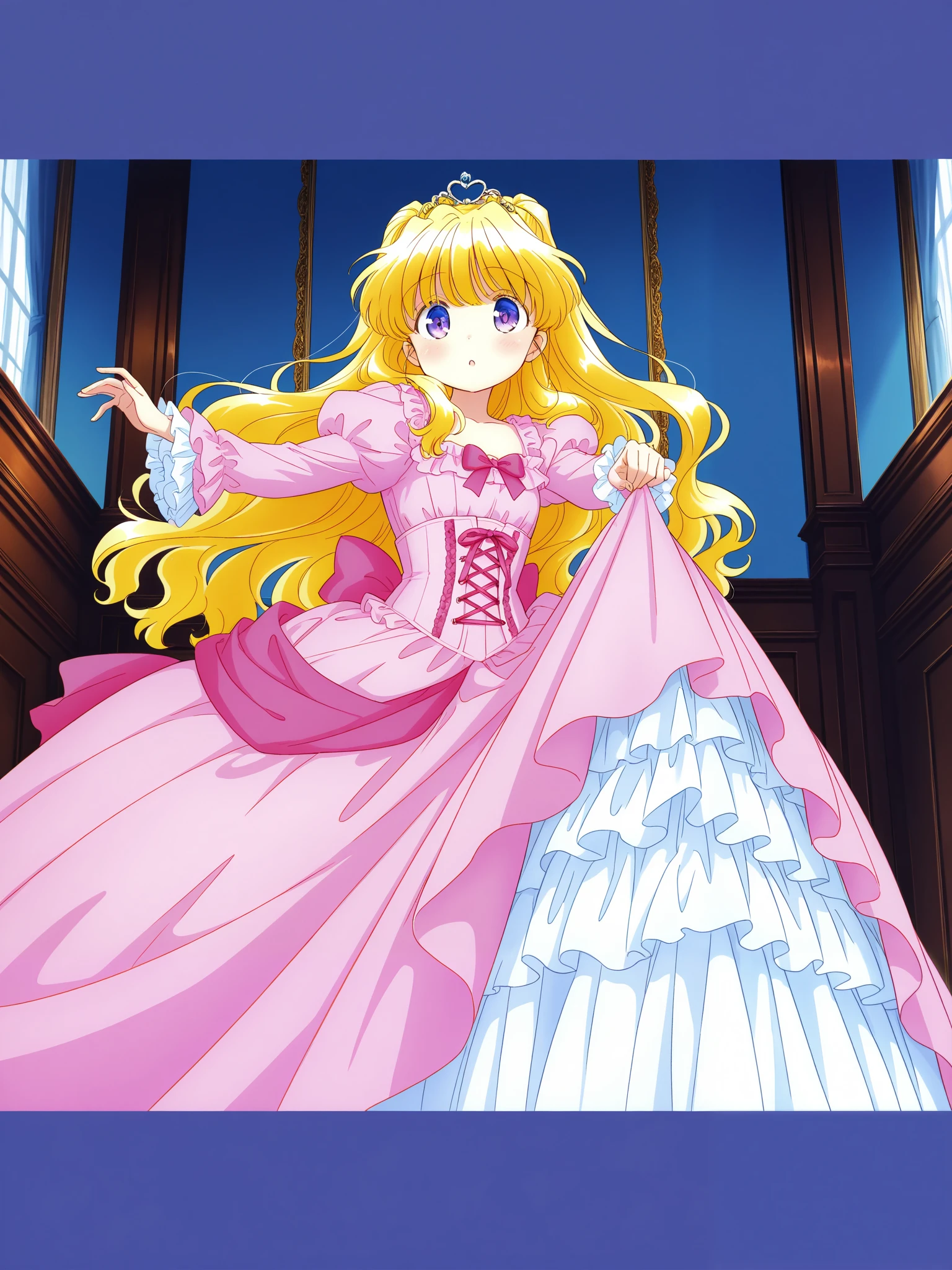general,highres, ultra-detailed,very aesthetic,best quality ,best hands, BREAK Ayumi_GF, 1girl,solo, long hair,Big eyes,
A cute Princess,, ((hot pink Silk Satin Victorian big Ball Gown Dress.:1.0)),Ten years old young girl,baby face,short tall,long sleeves,puff sleeves,frilled sleeves,laced corset with ribbons,The dress is decorated with lots of frills and ribbons., blond wave Long hair that reaches down to the waist,They are wearing princess tiara on the head,in the luxurious European rococo style palace,