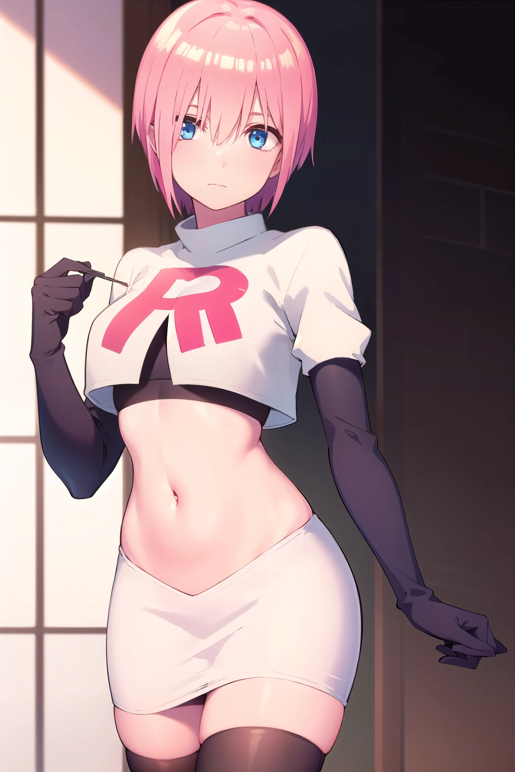 mash kyrielight, hair over one eye, large breasts, blush, purple eyes, solo, looking at viewer, 1girl, short hair, light purple hair, simple background, team rocket,team rocket uniform, red letter R, white skirt,white crop top,black thigh-highs,black elbow gloves