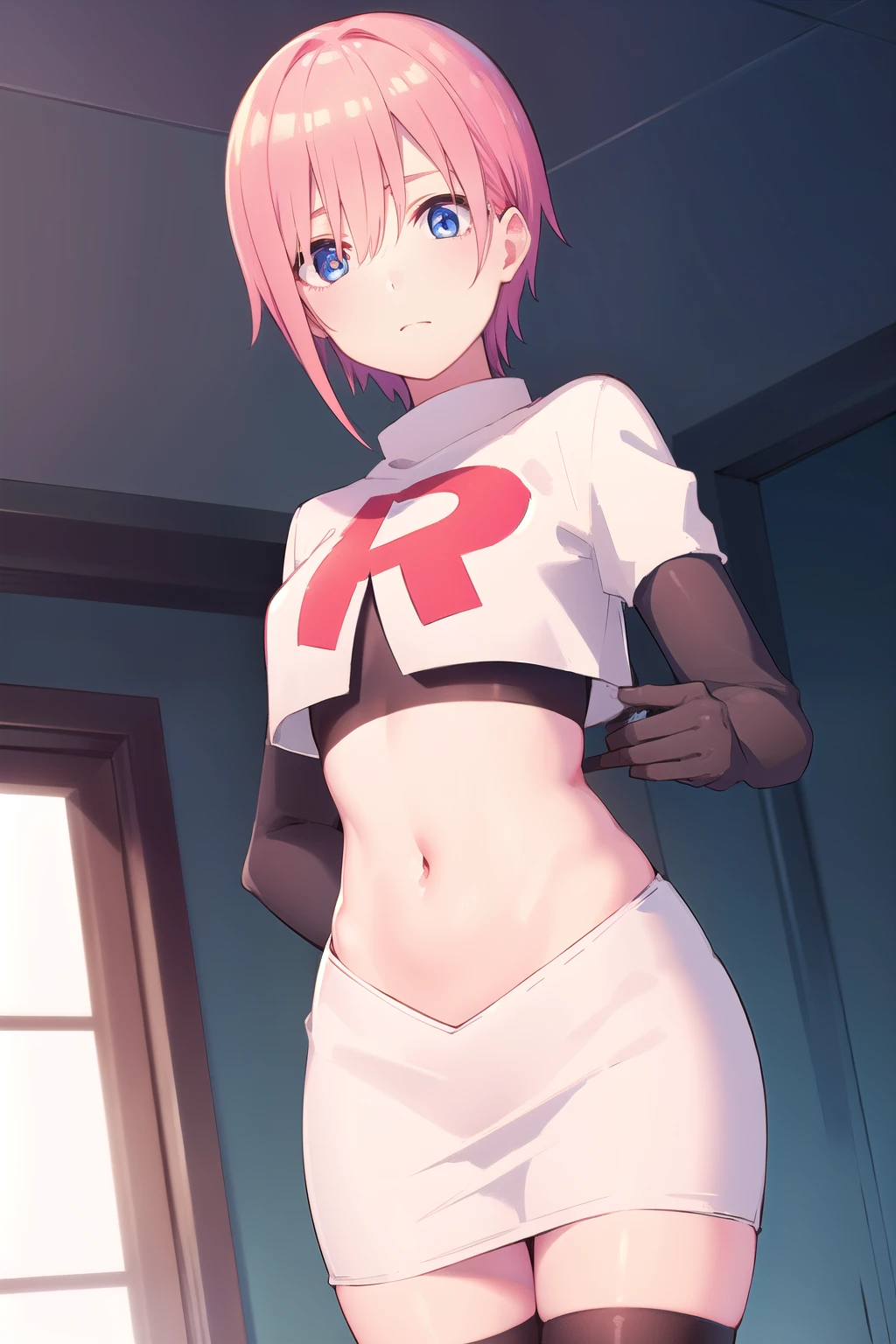 1 girl, Sakura Haruno, pink hair, short hair, green eyes, sleeveless, Red shirt, forehead protector, nice legs, black gloves, standing, Pussy, bottomless, whole body, looking at the viewer, Alone, Konoha fondo, Konohagakure Hidden Village Background, young adult,