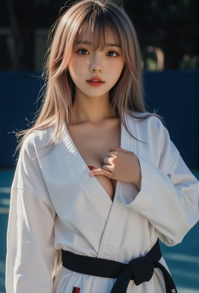 (Pink Hair :1.3),Realistic, (photo-Realistic:1.37),(8k, RAW Photos, highest quality, masterpiece:1.2), cute, Dayu Seren, Very delicate and beautiful girl,Very detailed, , Genuine, Incredibly absurd, Abstraction, very elaborate body, Sexy smile, alone、high school girl、16 years old、Natural body shape、White skin、Natural Makeup、Black Hair、bangs、Straight Long Hair、、((((judo:1.4))))、、Stand with your feet apart、((((Big Breasts:1.3))))、(((Small size pure white panties)))、((上半身はjudoを着用))、dojo、(((Looking into the camera)))、Exposing legs、(((Head to knee portrait)))