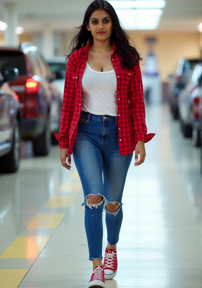 an indian woman,30 years old,red checkered shirt,white t-shirt,tight ripped jeans,red converse shoes,straight hair,walking in a mall parking lot,big breasts,cinematic,very realistic,low resolution,low saturation