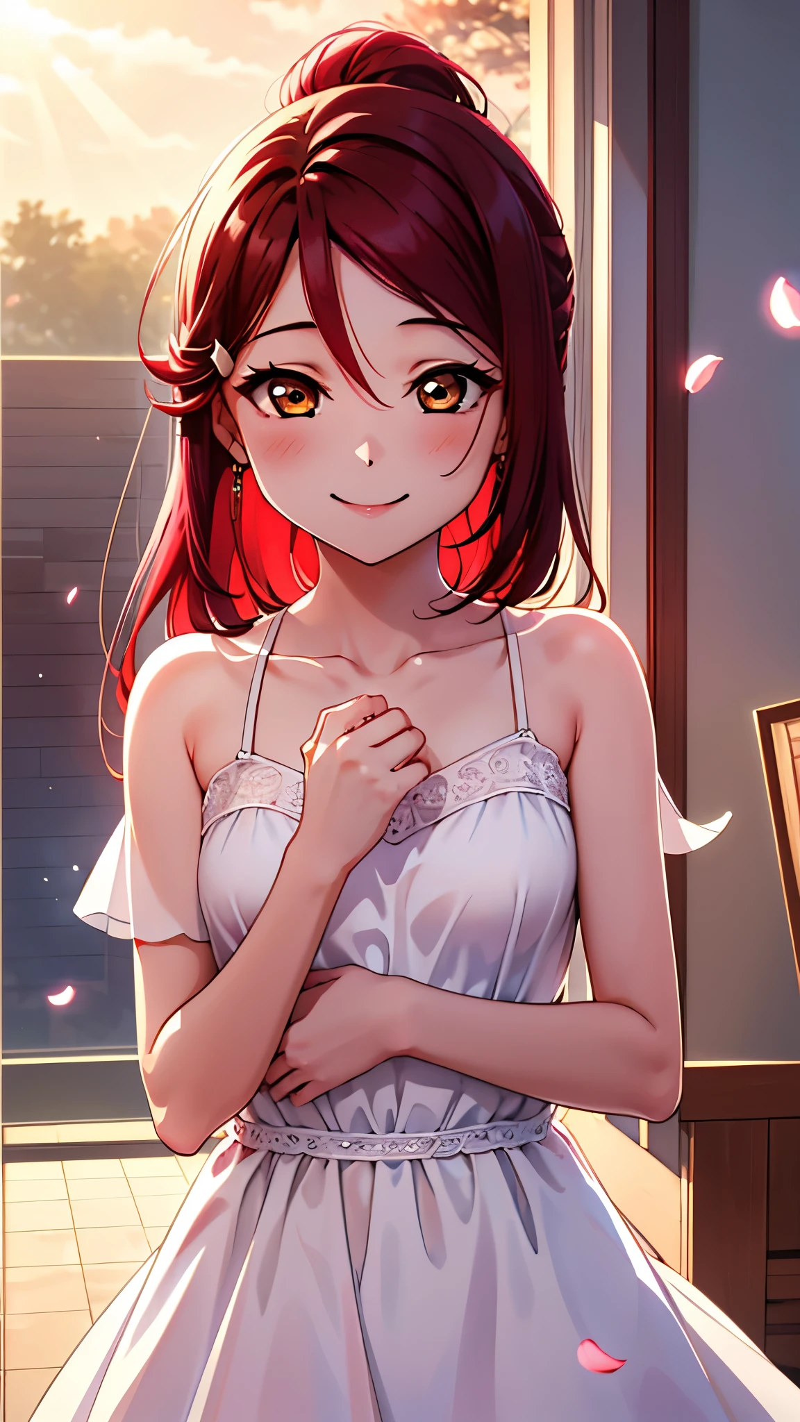   1 girl,    High Definition  , Sunset Sea ,  Blurry Background ,   Lens Flare  , masterpiece, Accurate, 【 Rico Sakrouchi,    Riko Sakurauchi, ( brown eyes:1.5), hair between eyes,  long hair, (Red Hair:1.5), (Small chest:1.2),  top quality ,  High Definition ,  Unity 8k wallpaper , ( illustrations:0.8), ( beautiful detailed eyes:1.6),  extremely detailed face,  perfect lighting,   very detailed CG, (perfect hand,  perfect anatomy), pure white dress,cherry blossoms, blush,  smiles,  seductive smile, 胸を隠す,