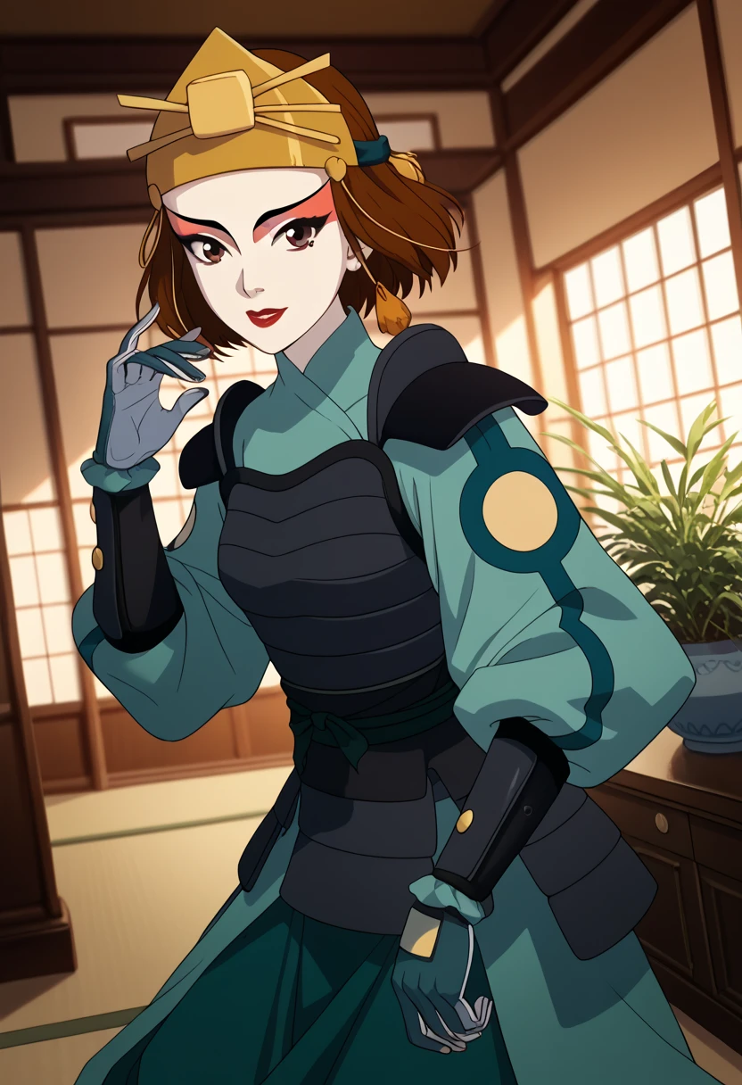 Suki, kyoshi warrior, dinamic, wallpaper, short hair, brown hair, big brown eyes, makeup, lipstick, gloves, armor, hair ornament, in a room, crouching, beautiful smile, looking at the viewer, alone, cowboy shot, Dutch angle, her chest is very big, beautiful environment with plants in the background, dawn light illuminates the bedroom, sad gesture but with a bit of joy, pastel shades, scene of a beautiful dream with the perfect girl