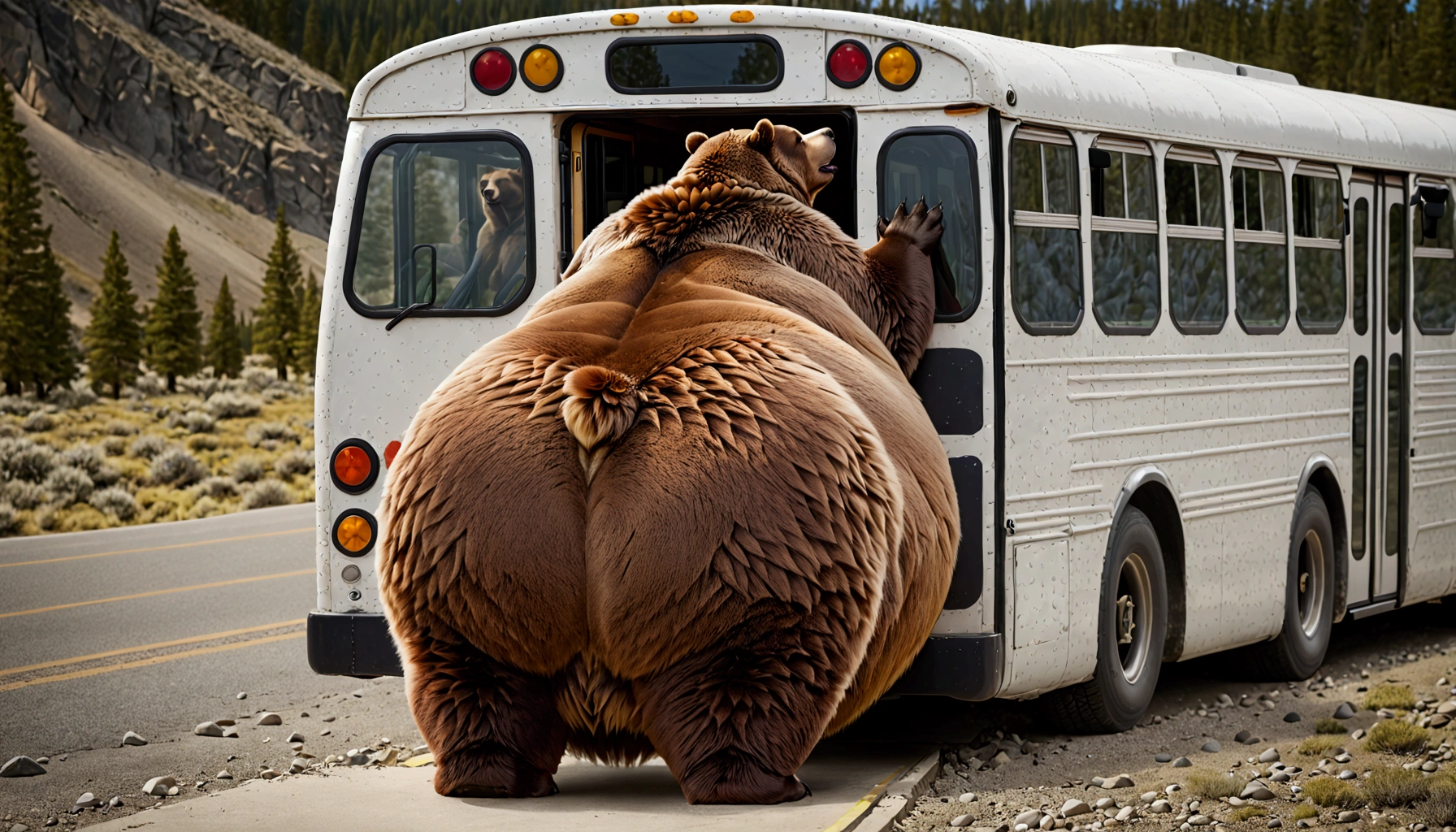 A massive grizzly bear with an unbelievably extremely massive belly, so heavy it drags along the ground, struggles to fit through the narrow doorway of a bus. Its belly presses tightly against the edges of the frame, bulging slightly as it slowly pushes forward, causing the bus to creak under the strain. The bear's fur brushes against the door as it inches through, its sheer size making the task difficult but not impossible, creating a tense yet humorous moment.